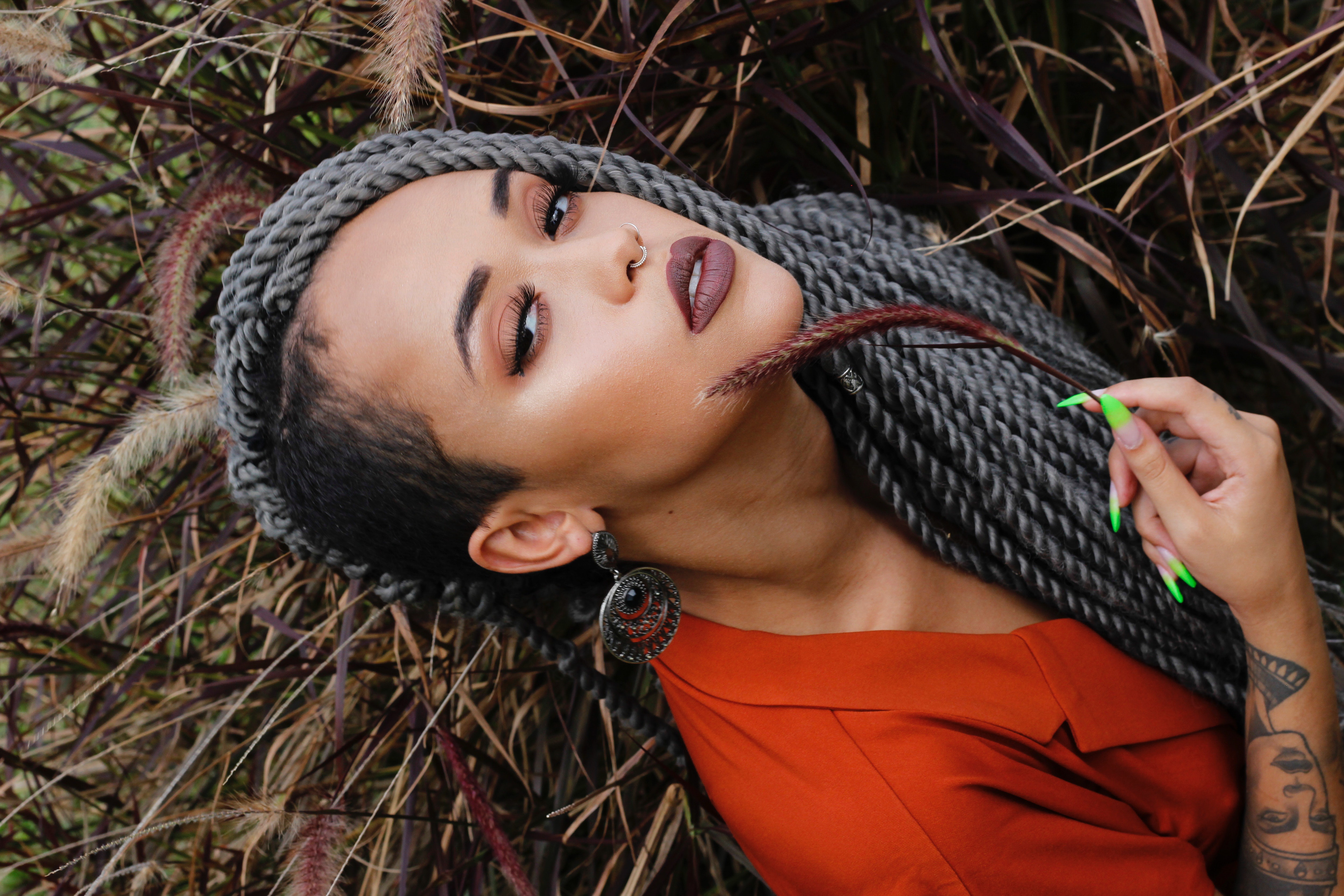 Stylish model with grey braids and dark lipstick HD Wallpaper