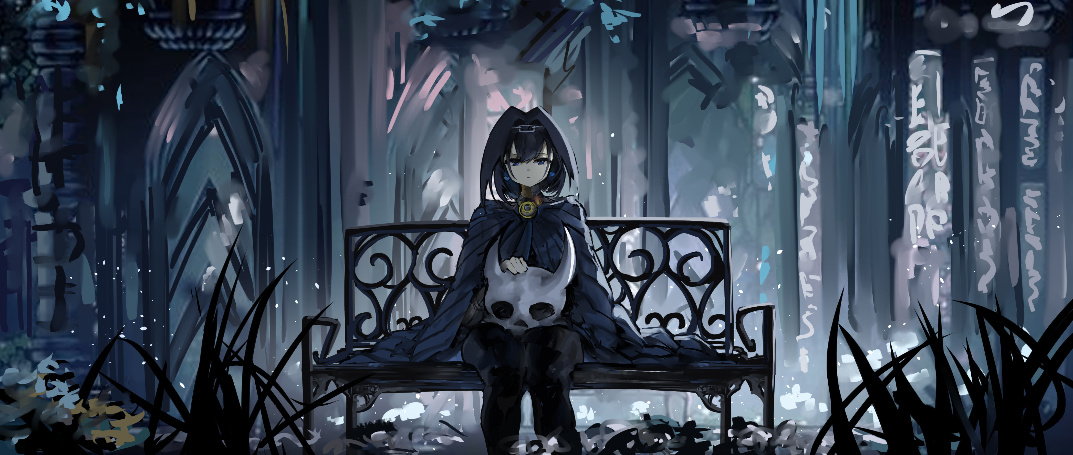Ouro Kronii holding Hollow Knight mask in dark ruins HD Wallpaper