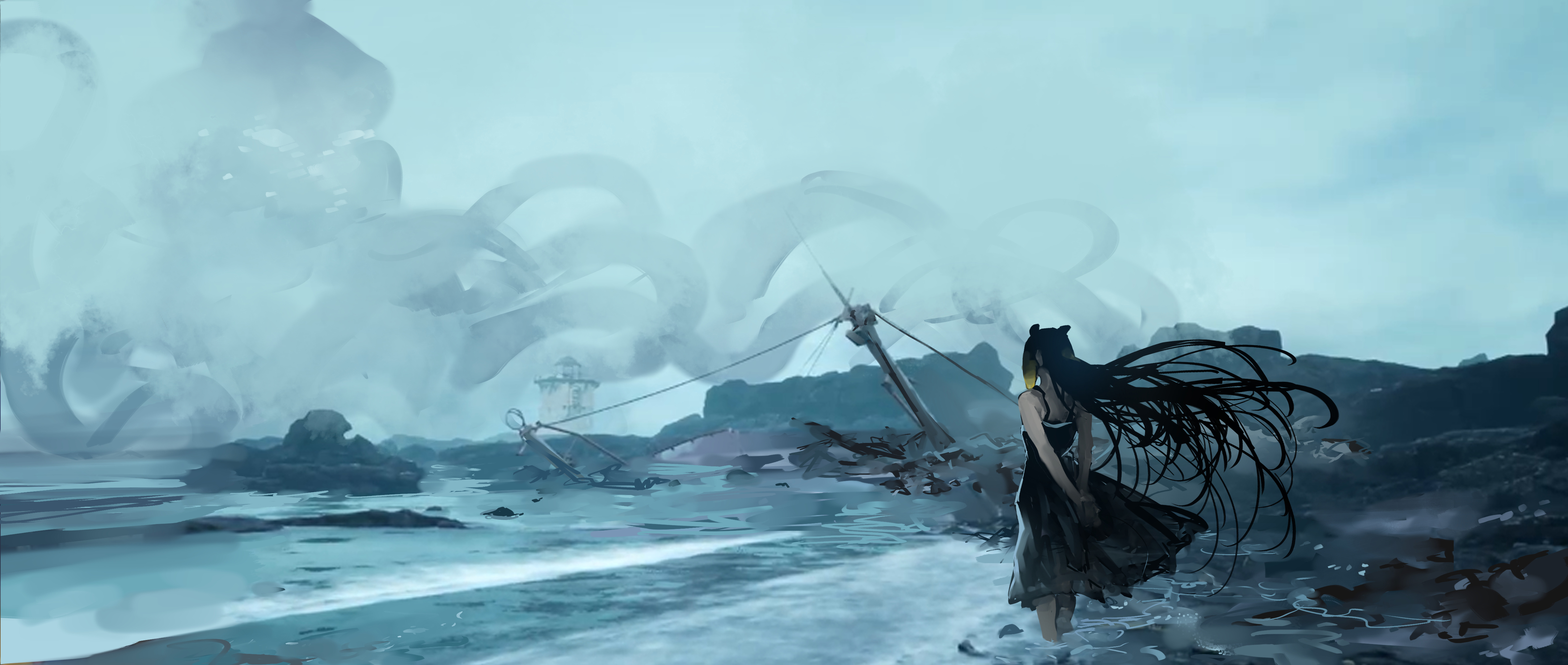 Ninomae Inanis on a desolate shore with sky tentacles HD Wallpaper