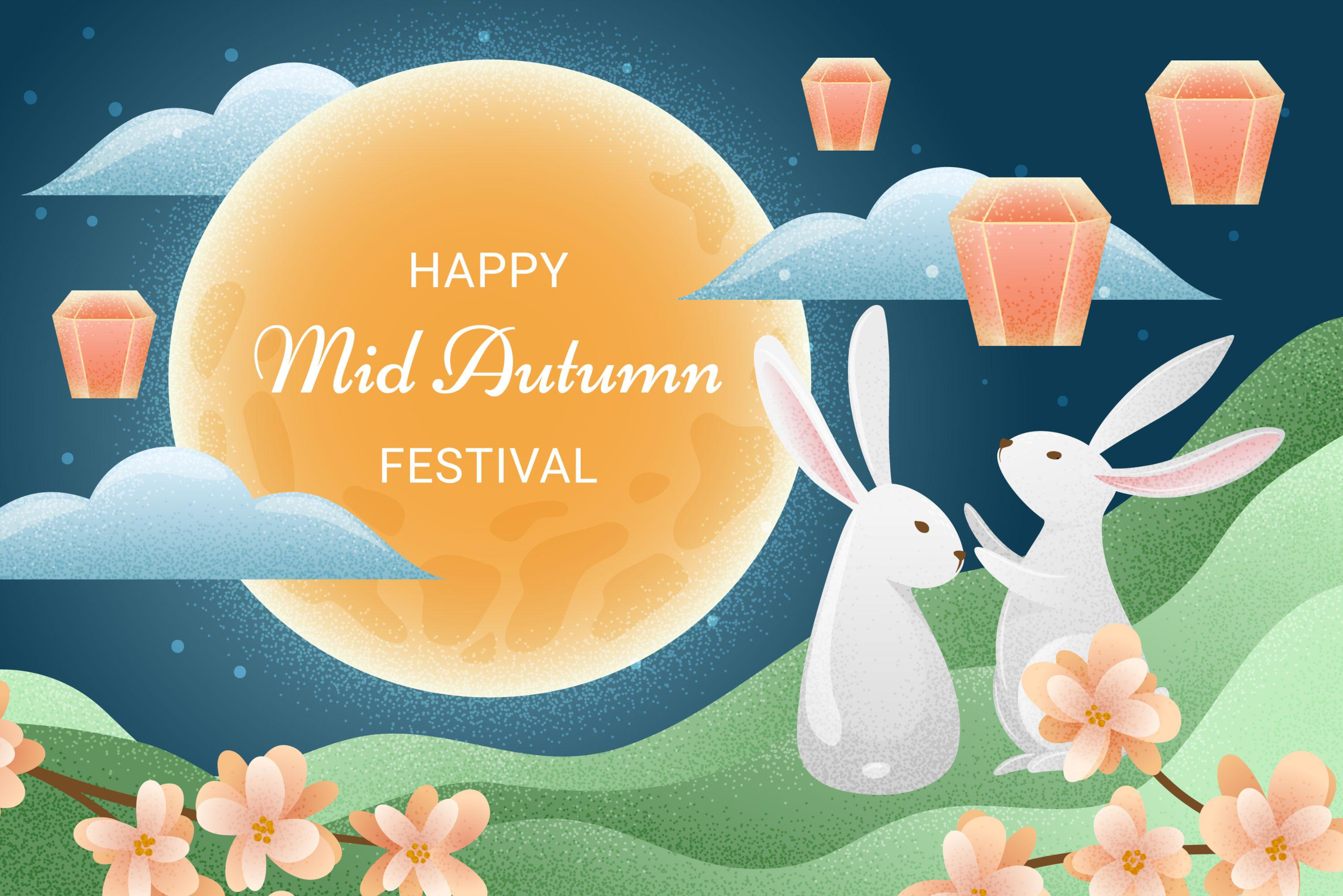 Happy Mid-Autumn Festival Moon, Rabbits, and Lanterns HD Wallpaper