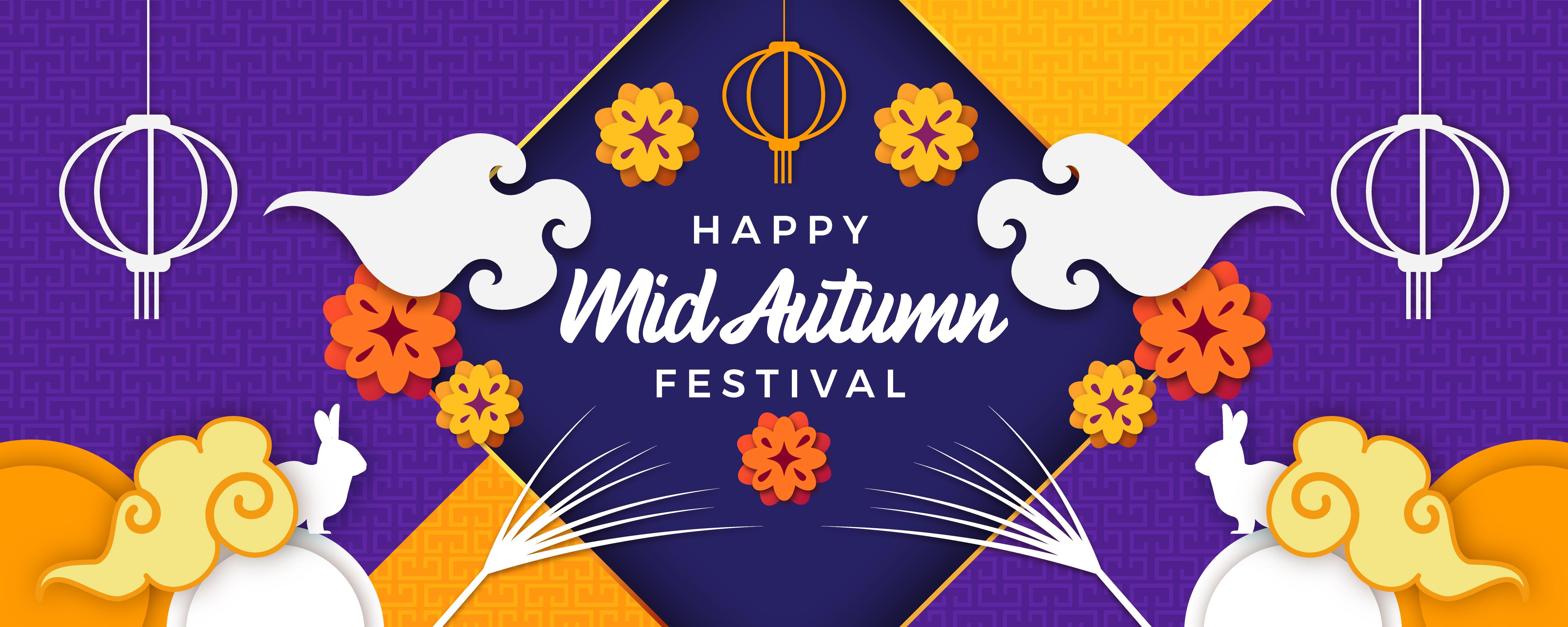 Colorful Mid Autumn Festival design with lanterns and moon rabbits HD Wallpaper