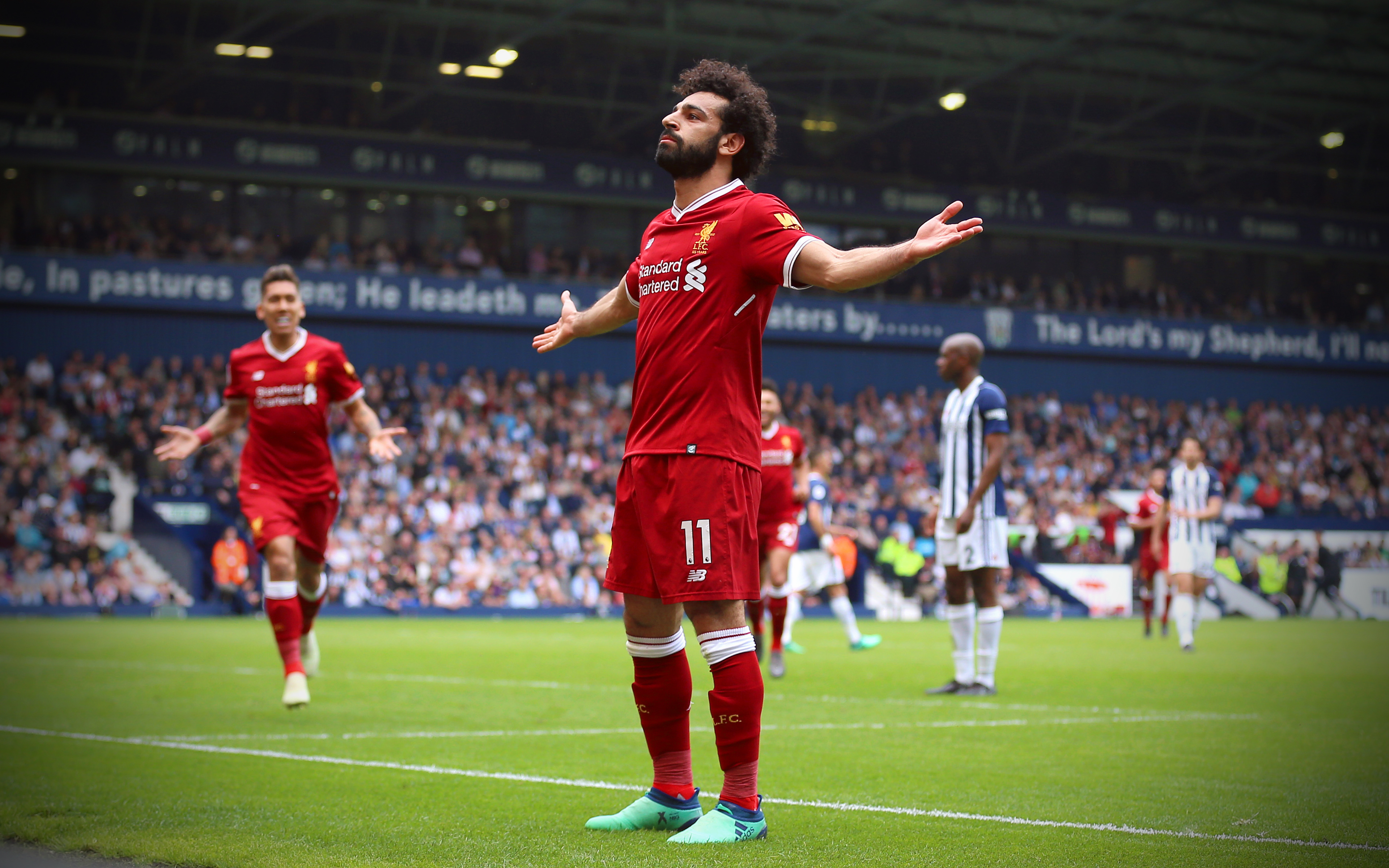 Mohamed Salah celebrates goal for Liverpool F.C. HD Wallpaper