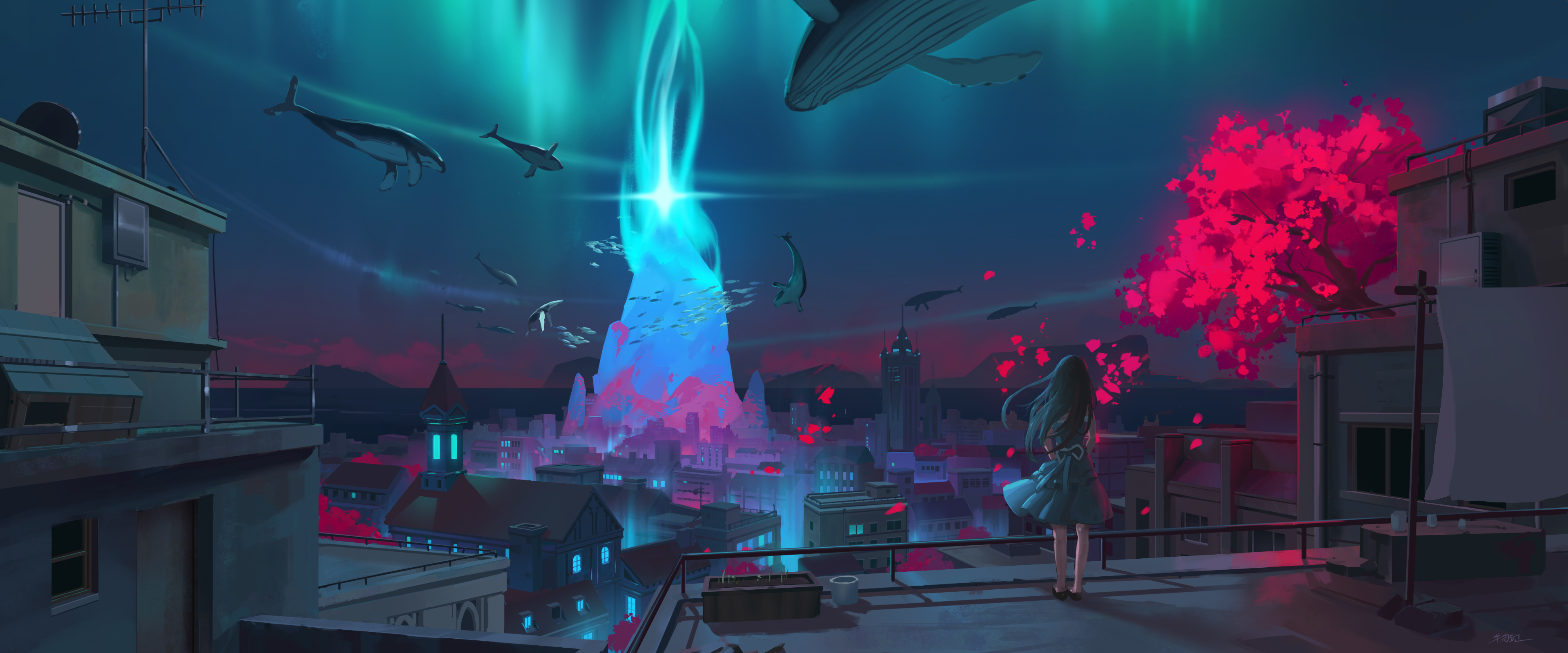 Girl watches flying whales and aurora over fantasy city HD Wallpaper
