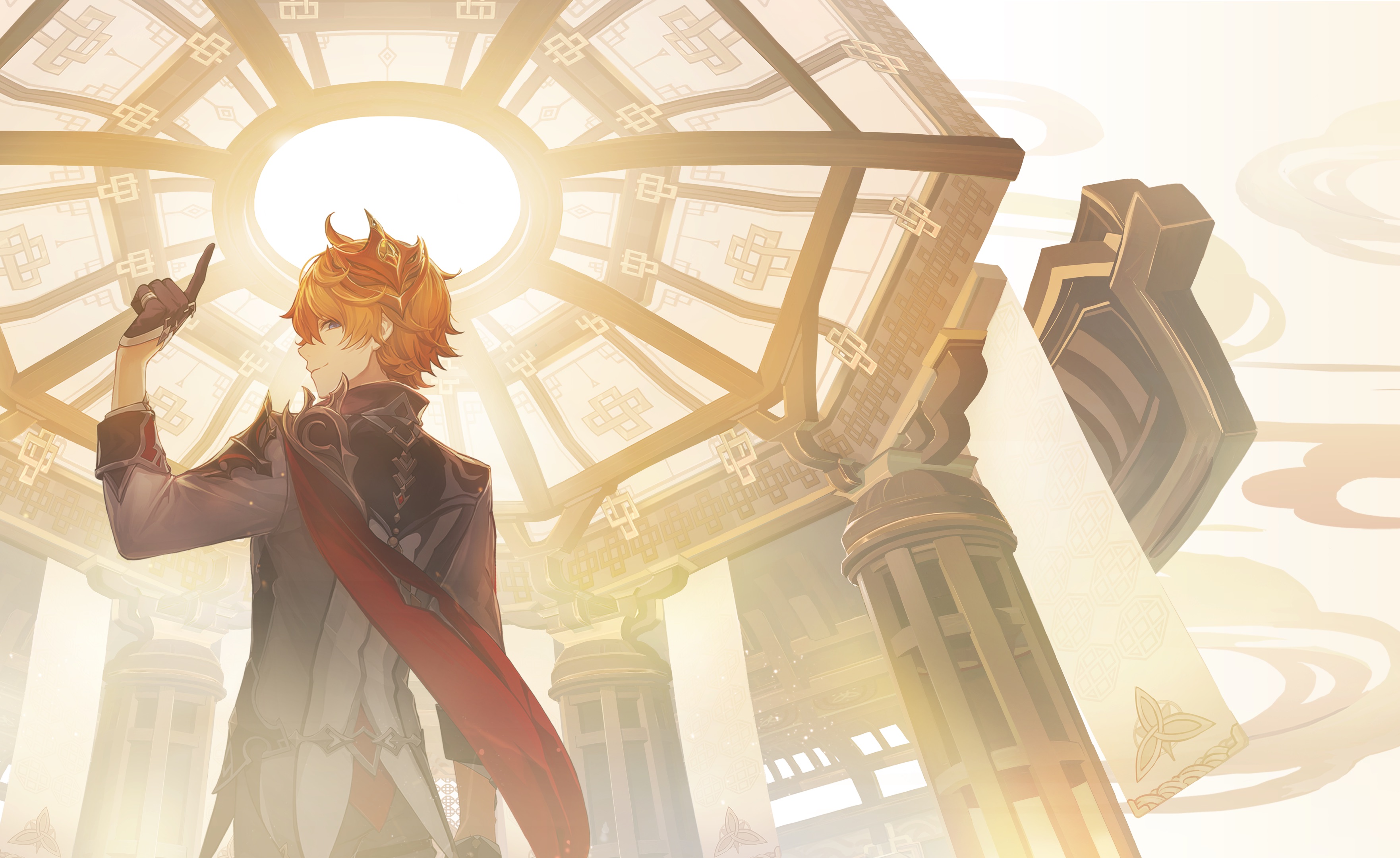Tartaglia Childe points up in radiant Genshin Impact light HD Wallpaper