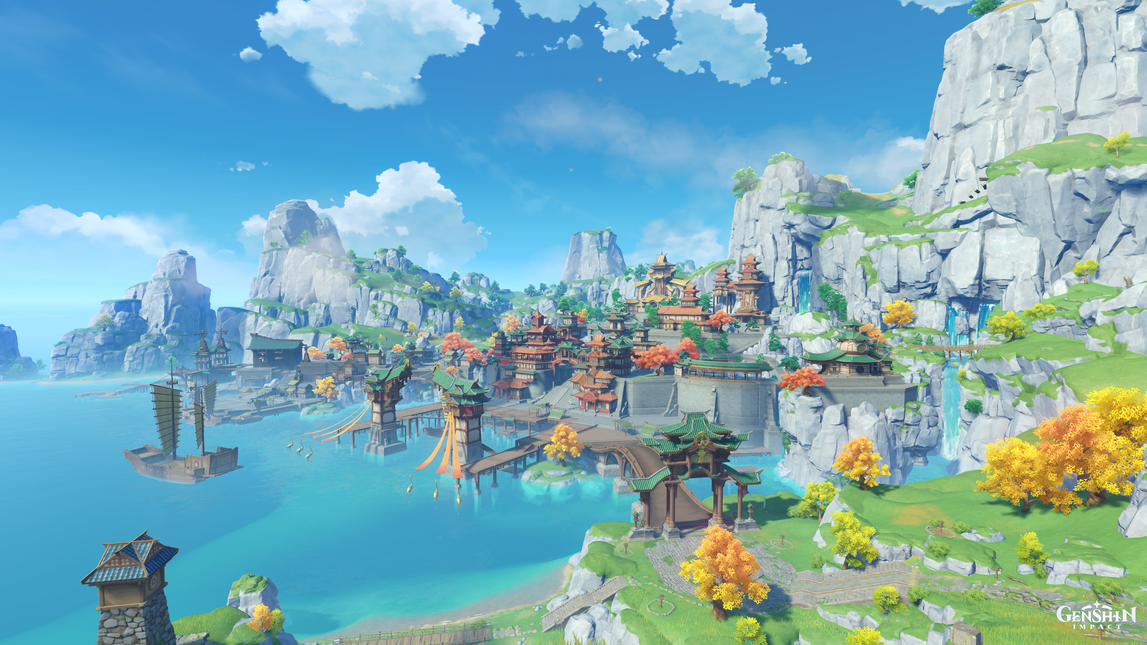Genshin Impact Liyue: Scenic harbor city and mountains HD Wallpaper