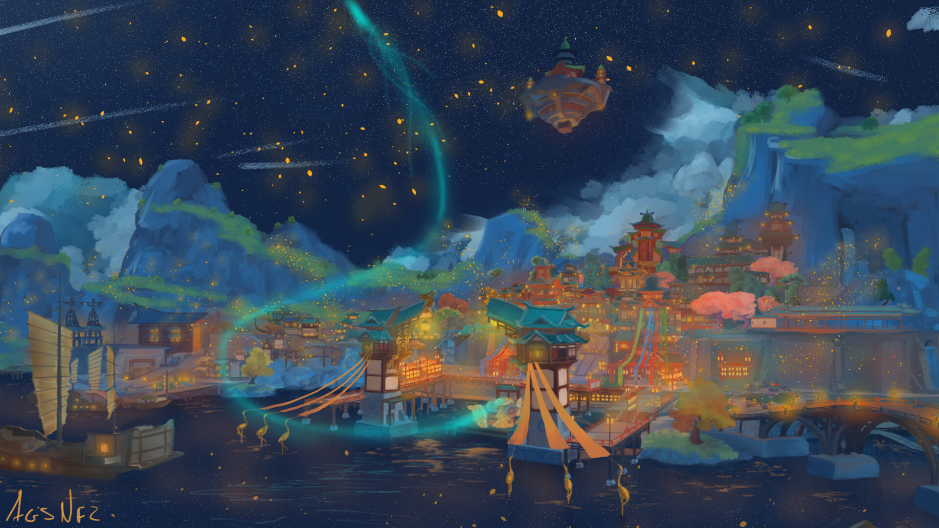 Vibrant Liyue Harbor Nightscape Genshin Impact HD Wallpaper