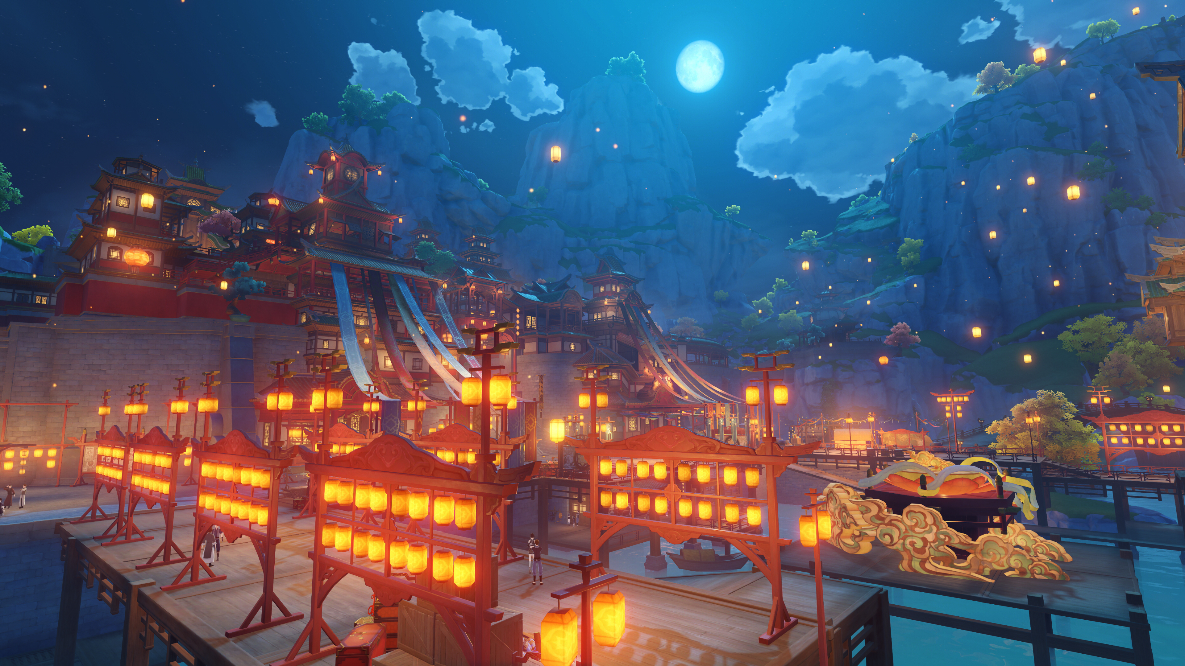 Liyue Harbor night with glowing lanterns, Genshin Impact HD Wallpaper