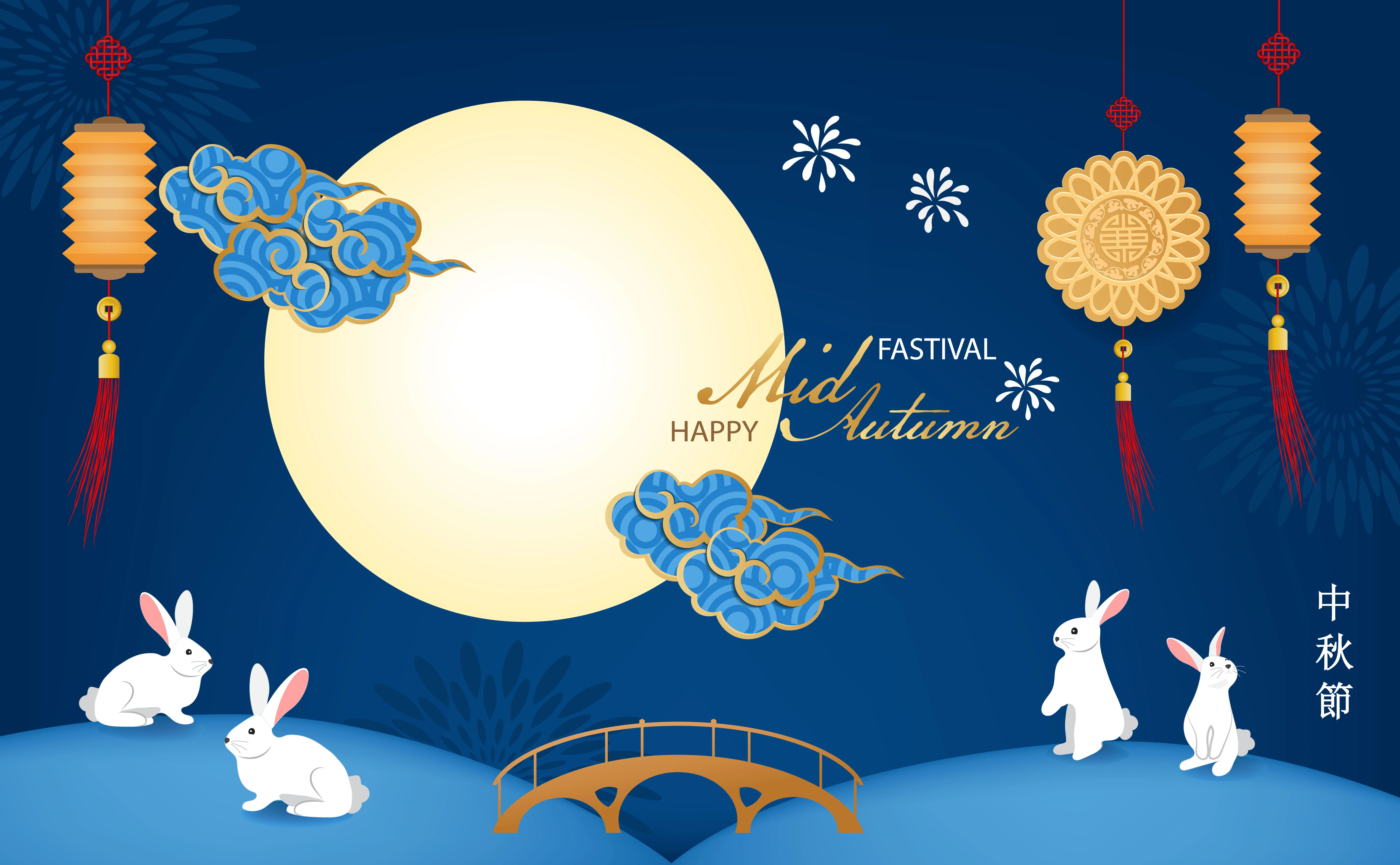 Mid-Autumn Festival with Moon, Rabbits, and Lanterns HD Wallpaper