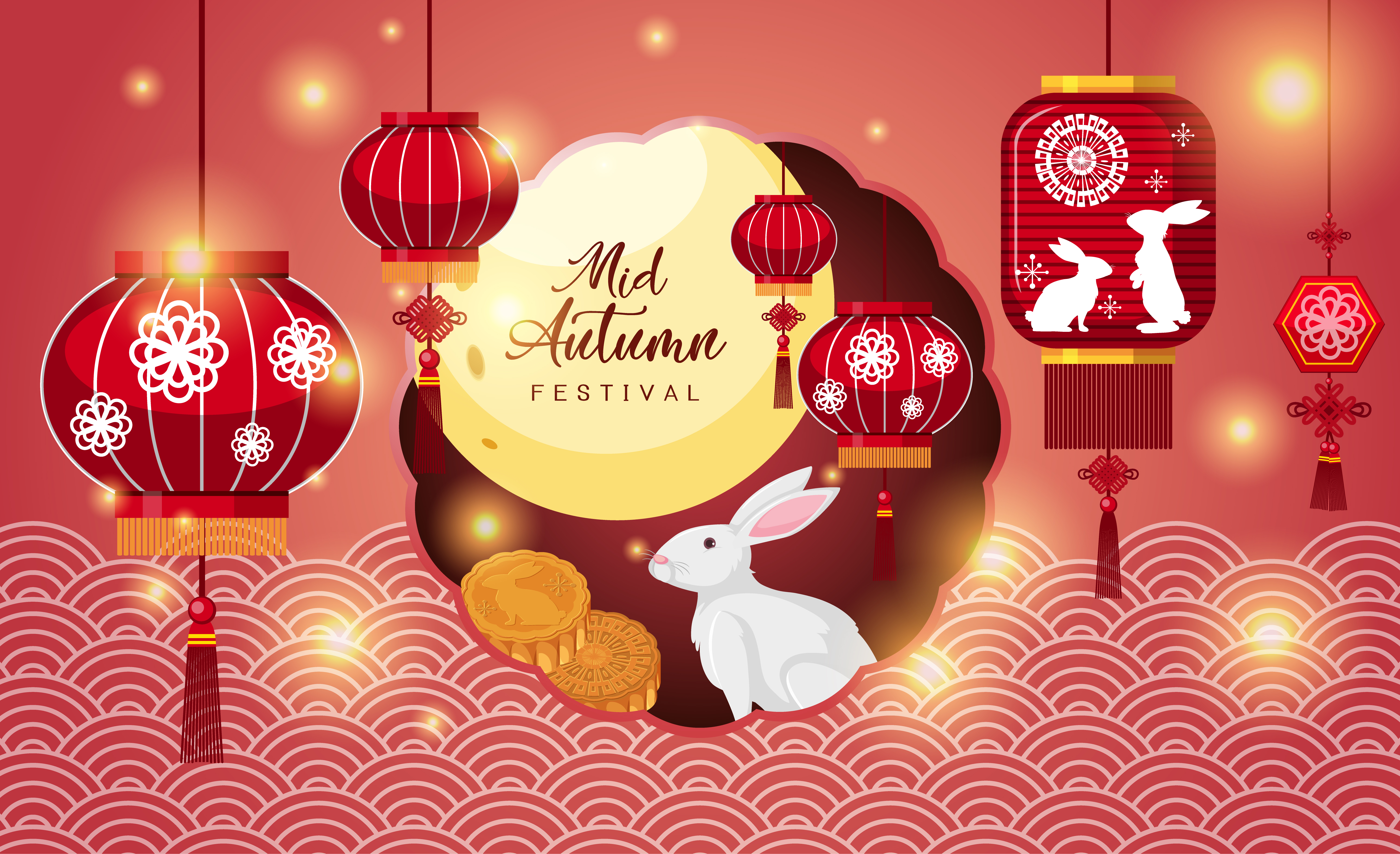 Mid-Autumn Festival Moonlight Art with Lanterns and Rabbit HD Wallpaper