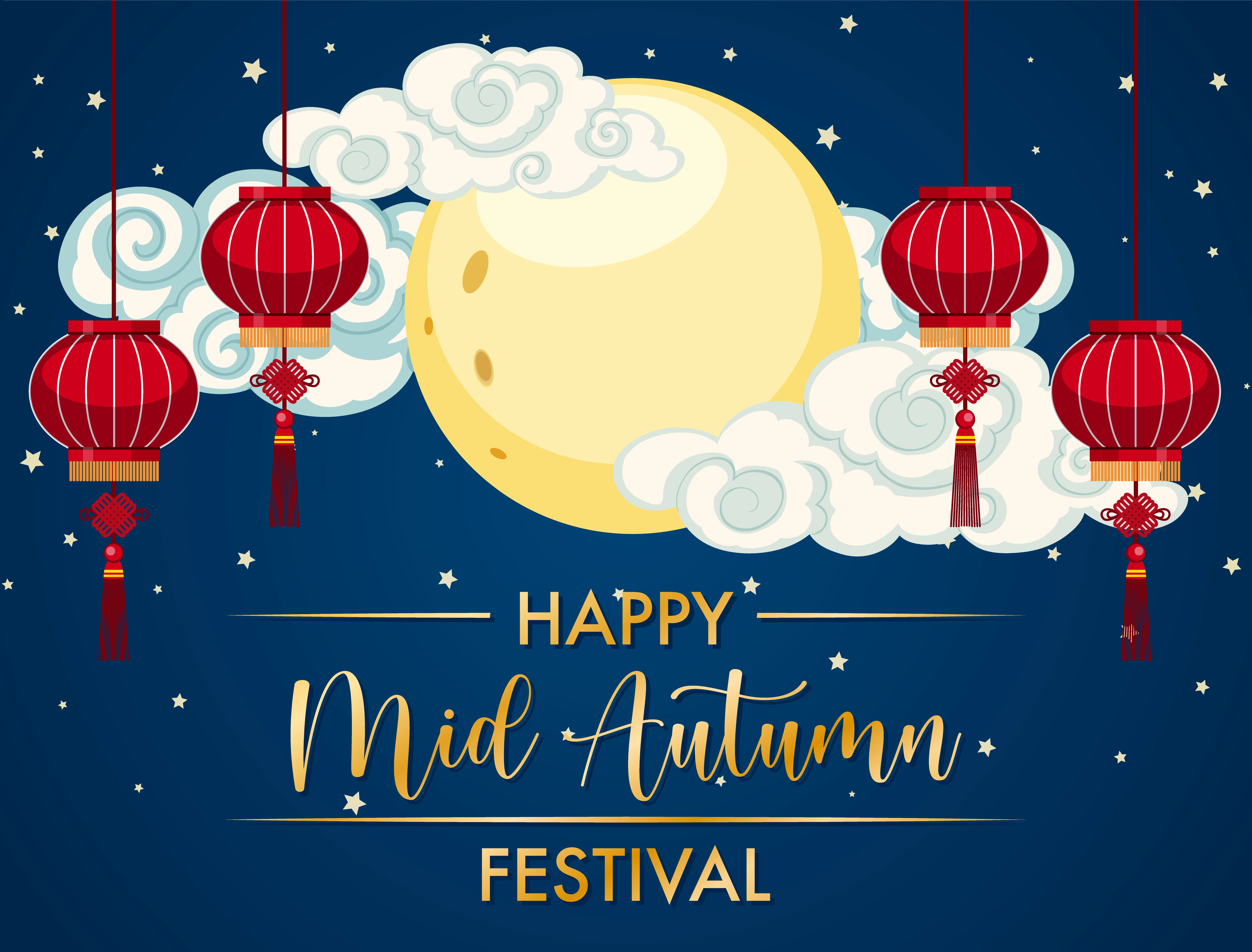 Happy Mid-Autumn Festival with Moon and Lanterns HD Wallpaper