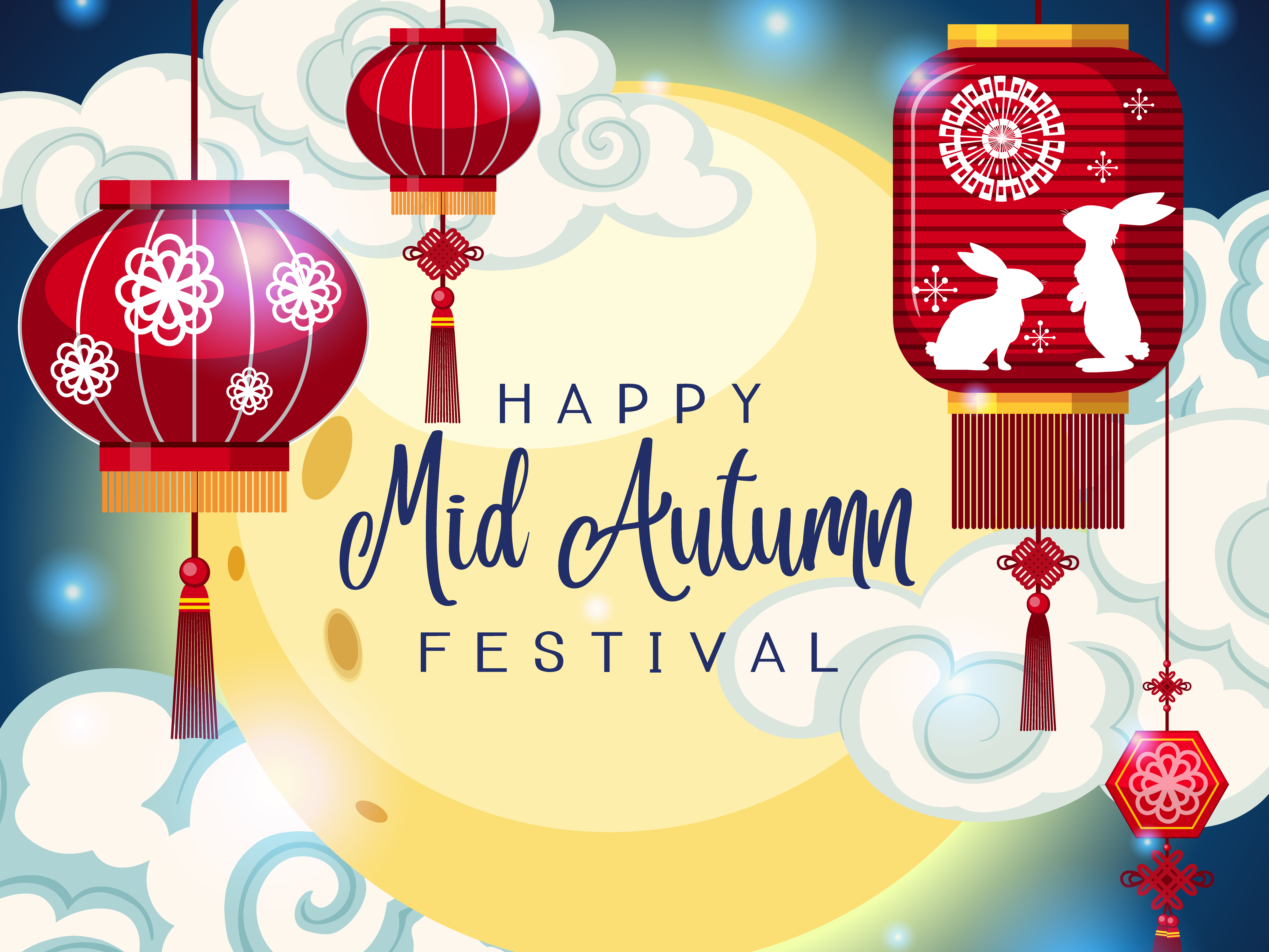 Happy Mid Autumn Festival with Lanterns and Moon HD Wallpaper