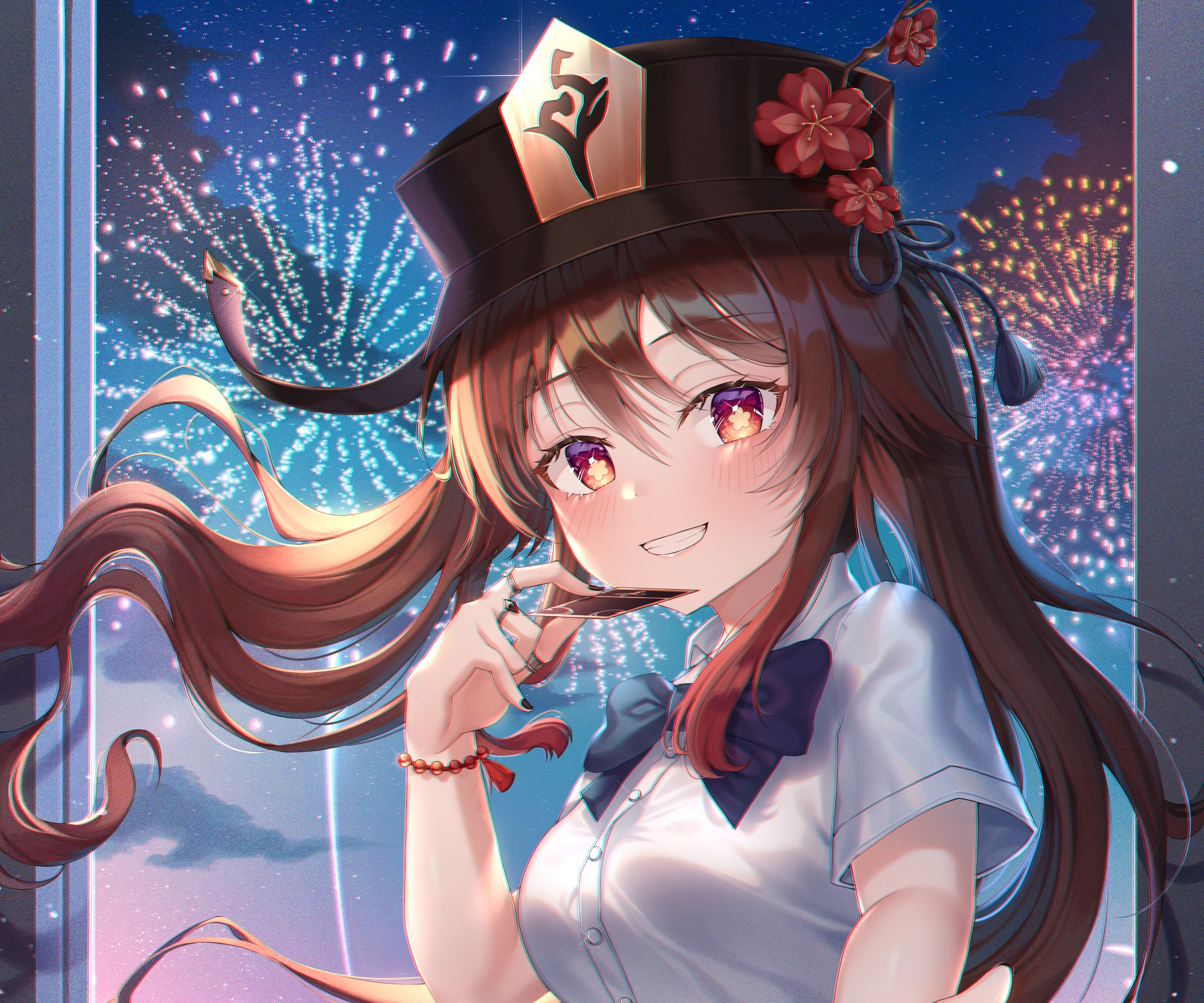 Genshin Impact Hu Tao in school uniform with fireworks HD Wallpaper