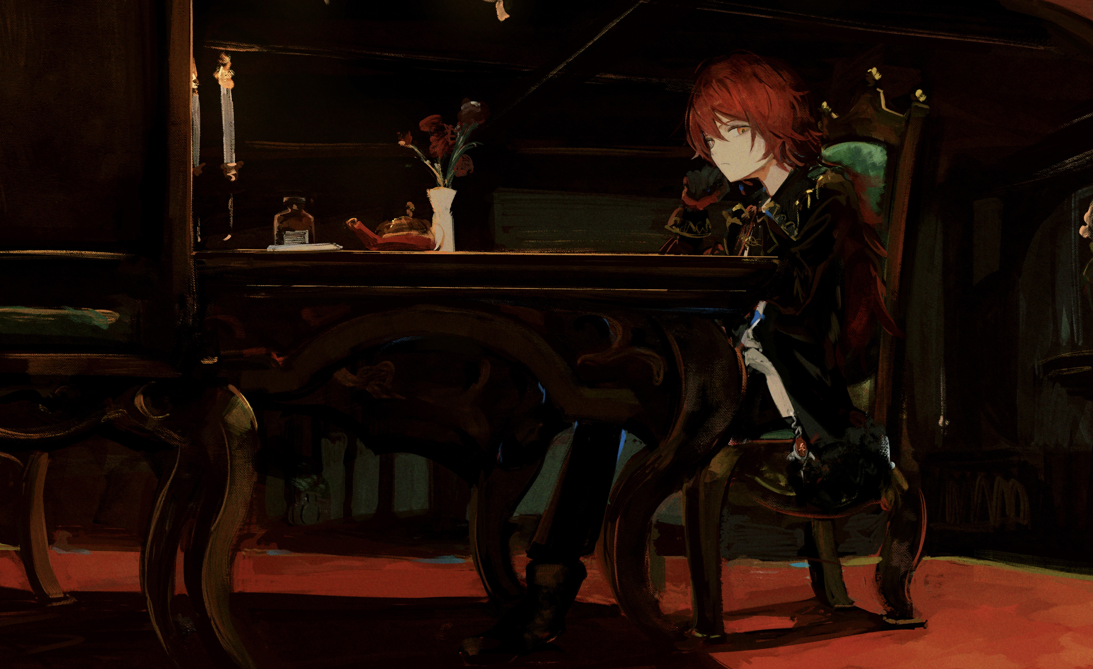 Genshin Impact Diluc in a dark, elegant room HD Wallpaper