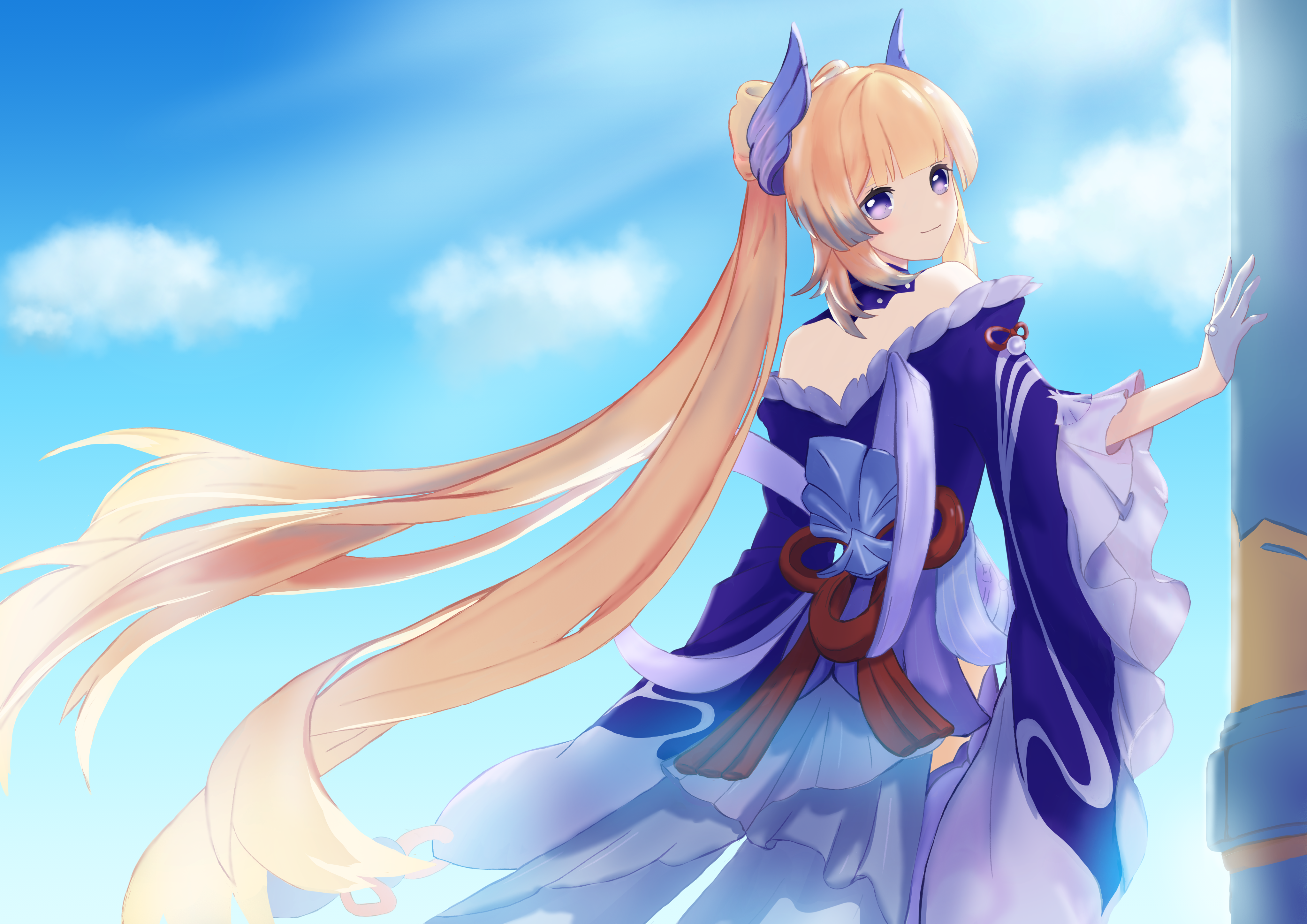 Sangonomiya Kokomi smiling under a bright blue sky HD Wallpaper
