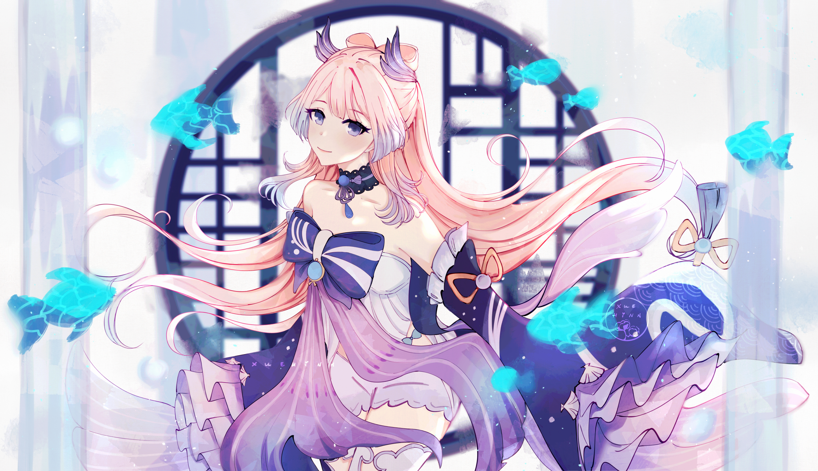 Sangonomiya Kokomi smiling with glowing fish HD Wallpaper