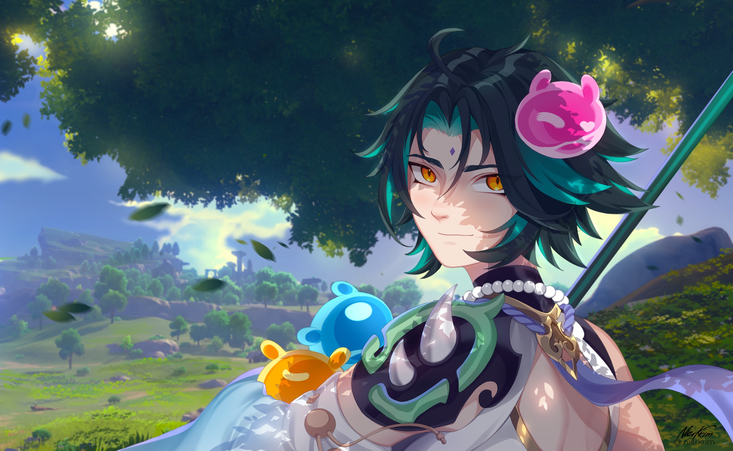 Xiao smiling with slimes in Genshin Impact landscape HD Wallpaper