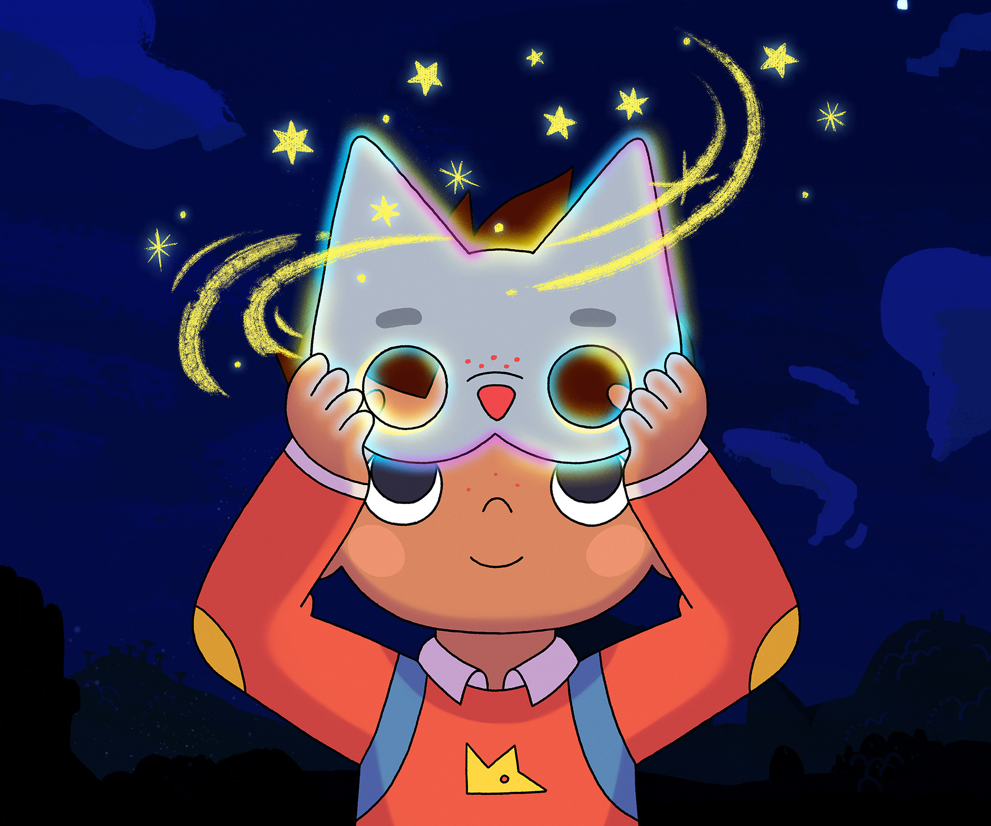Wolfboy wearing a magical cat mask at night HD Wallpaper