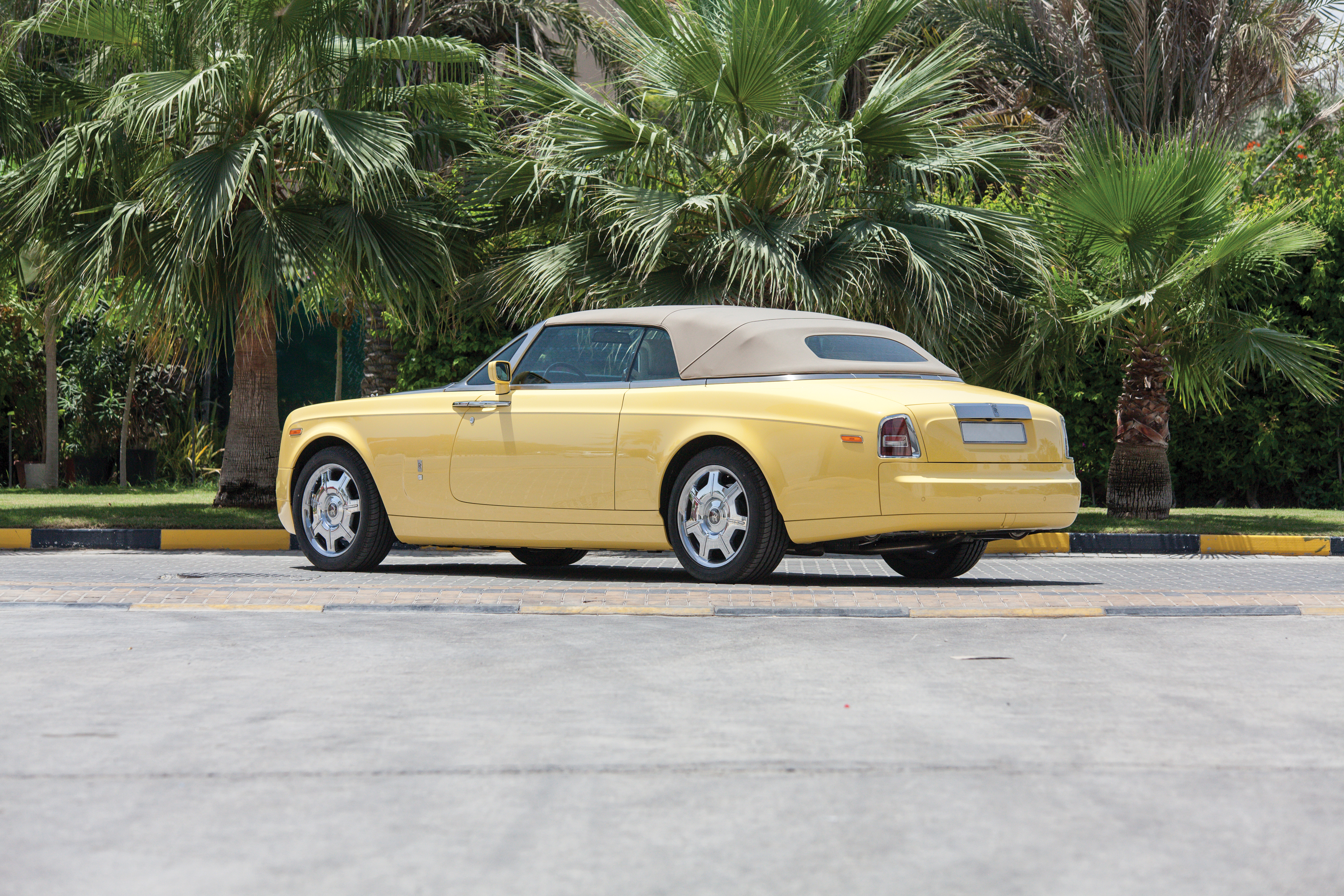 Yellow Rolls-Royce Phantom Convertible with Palm Trees HD Wallpaper