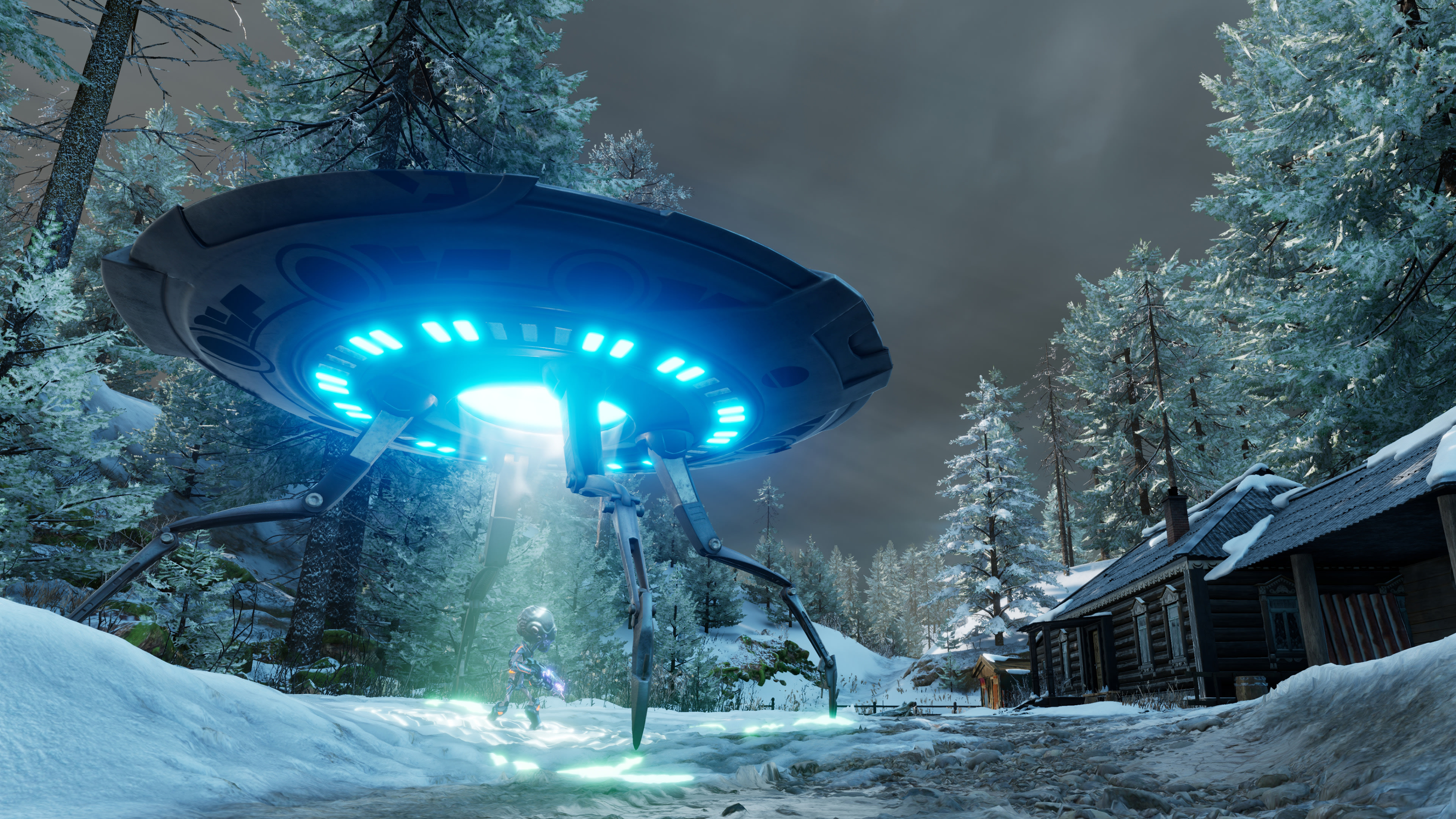 Destroy All Humans! 2: Alien saucer in snowy forest HD Wallpaper