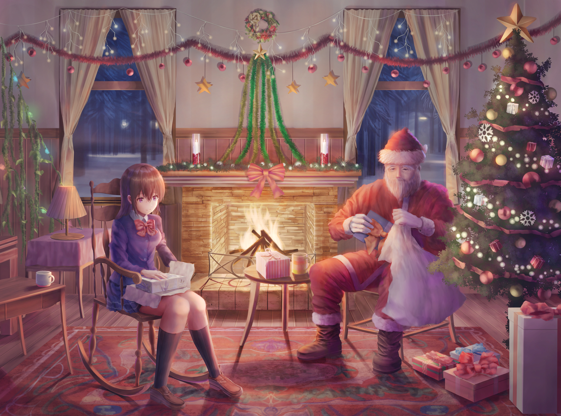 Woman and Santa Claus Opening Christmas Gifts HD Wallpaper