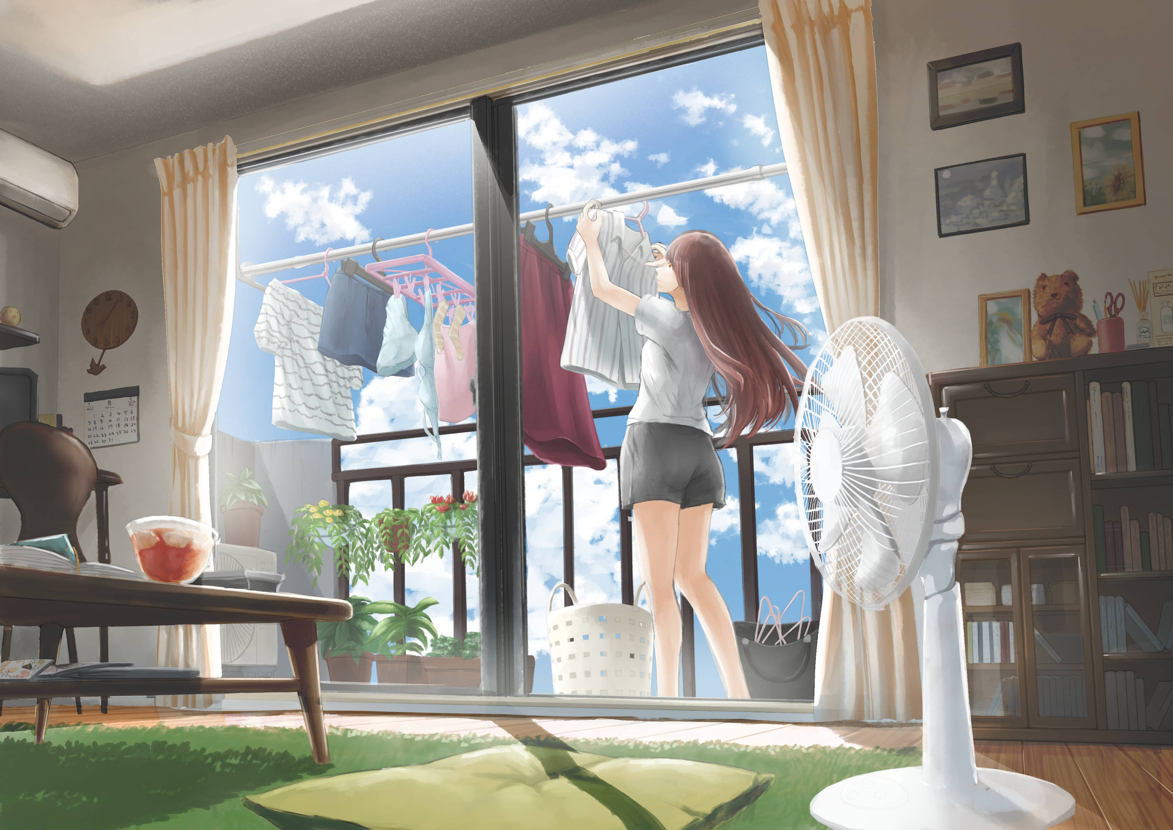 Long-haired girl hanging laundry on a sunny day HD Wallpaper