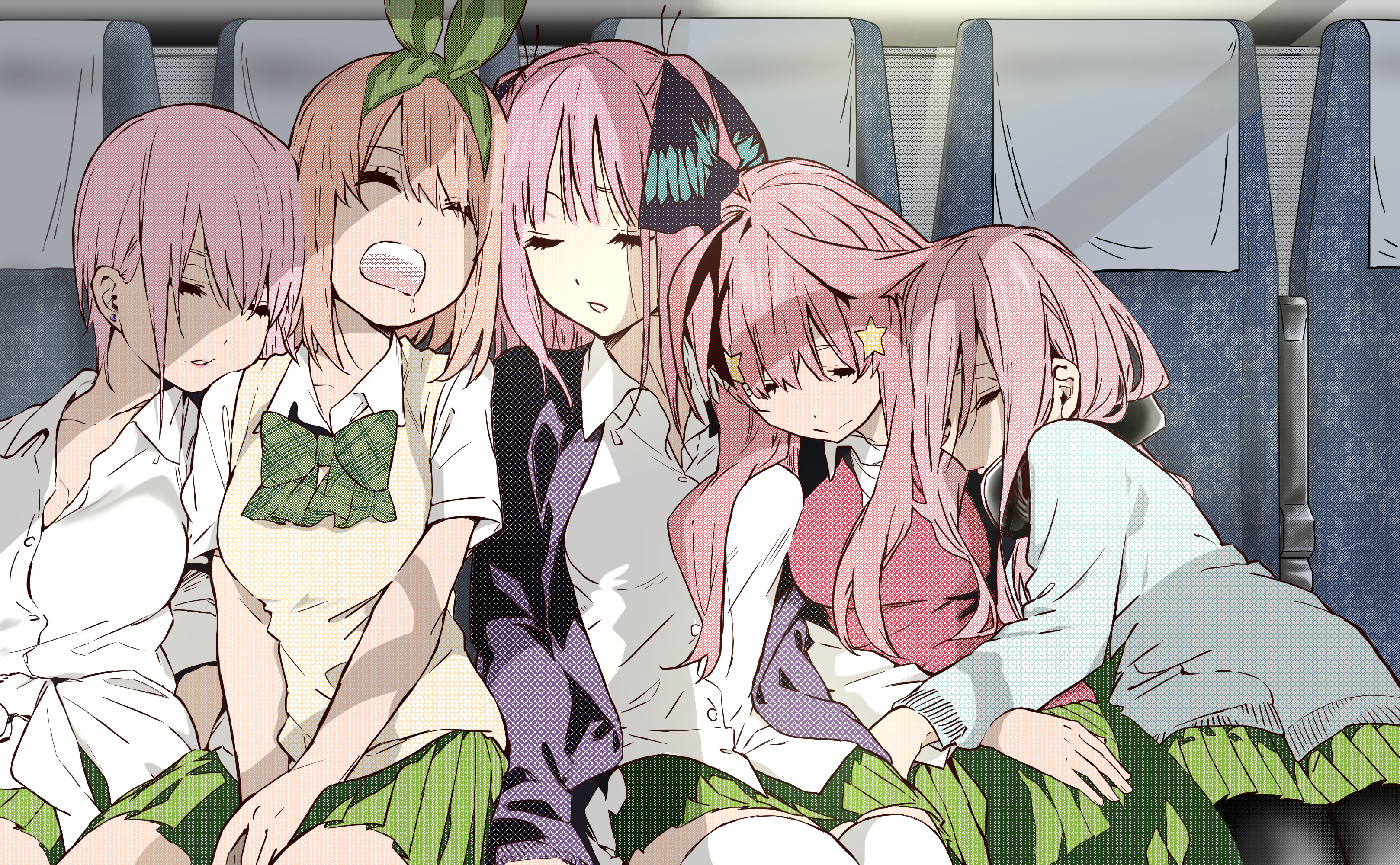 The Quintessential Quintuplets sleeping on a train HD Wallpaper