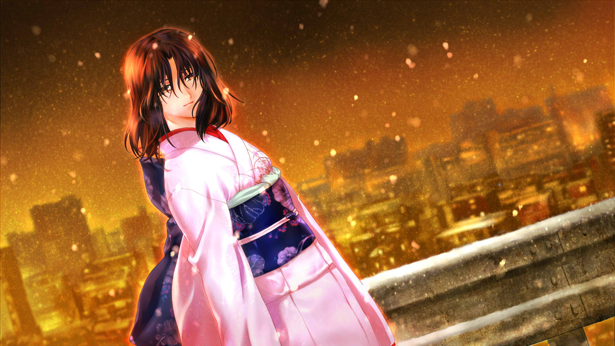 Shiki Ryougi in pink kimono, snowy city night HD Wallpaper