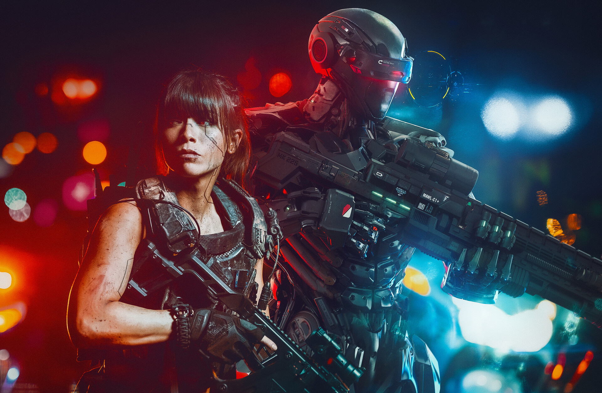 Cyber-Cop and Partner in a Futuristic City HD Wallpaper