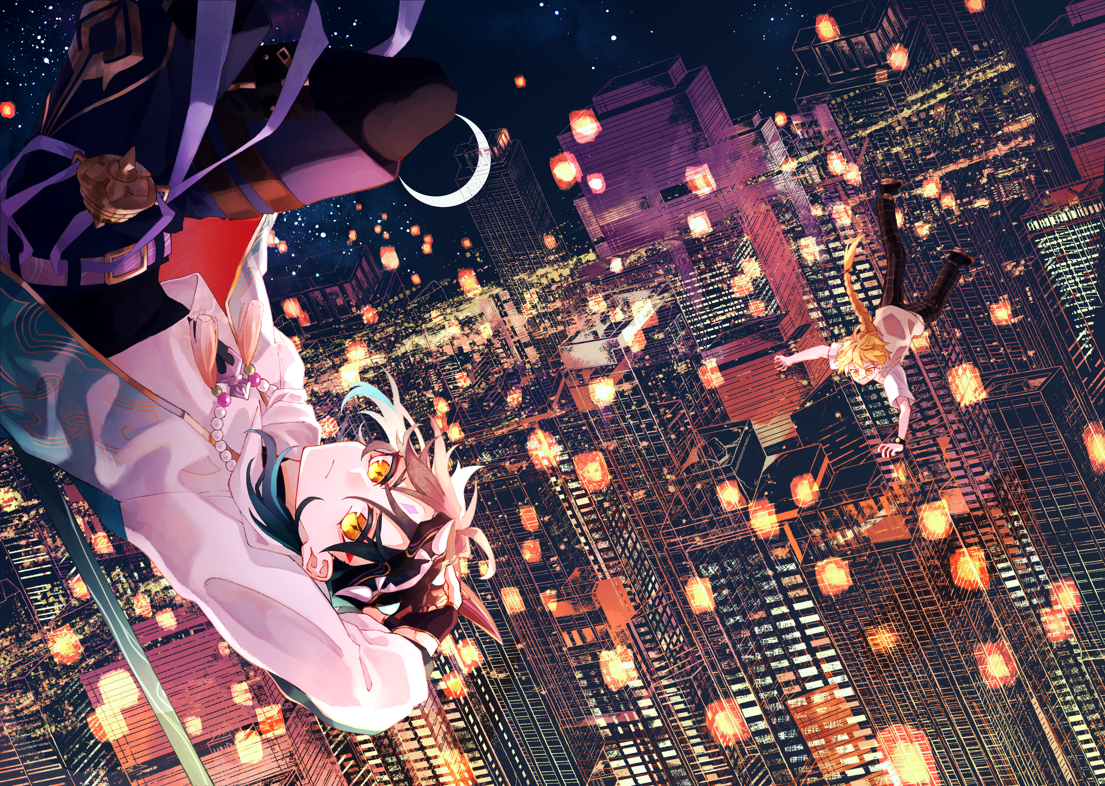 Genshin Impact Xiao and Aether over night city HD Wallpaper