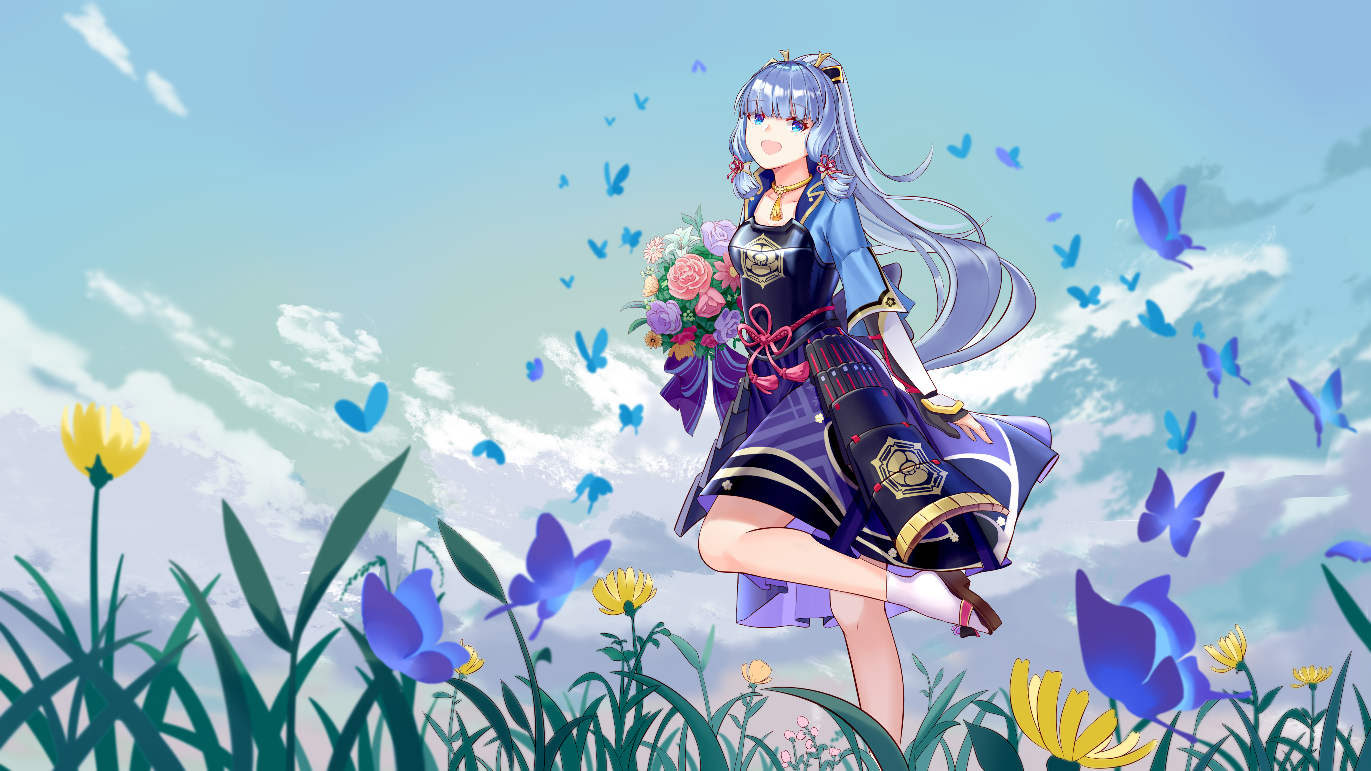 Happy Kamisato Ayaka with flowers and blue butterflies HD Wallpaper