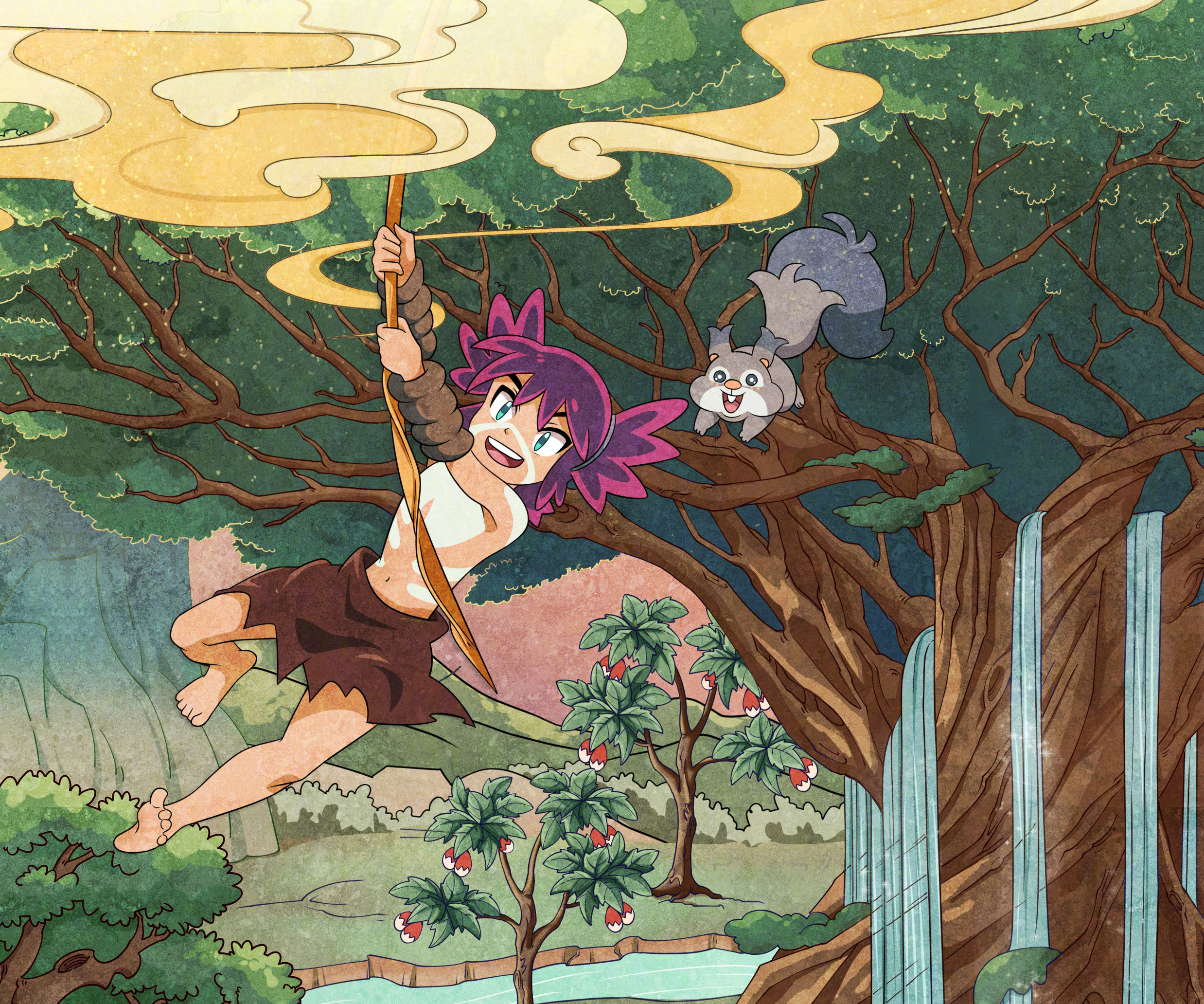 Pokémon Coco swinging in the jungle with a squirrel HD Wallpaper