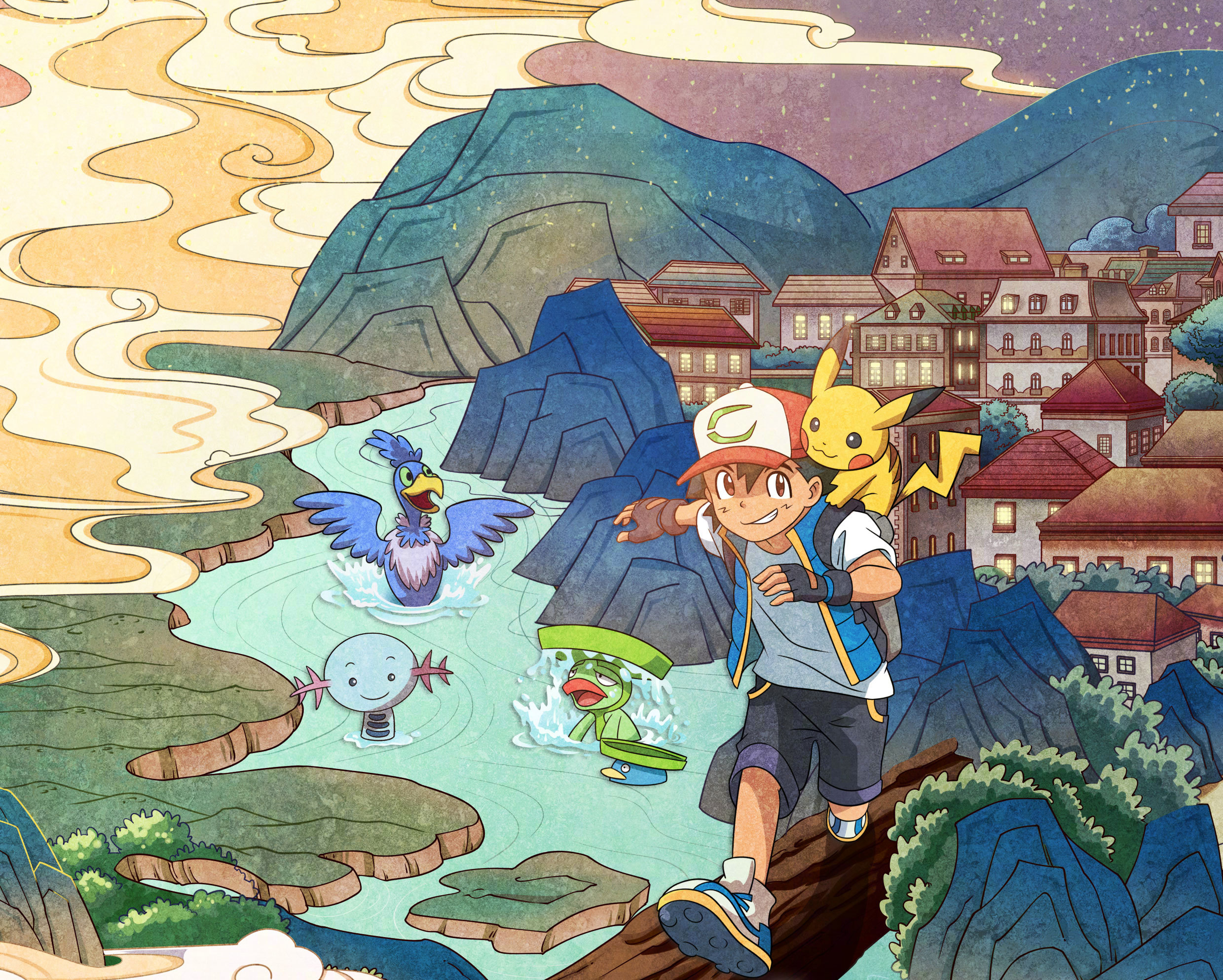 Ash Ketchum and Pikachu's River Adventure with Pokémon HD Wallpaper