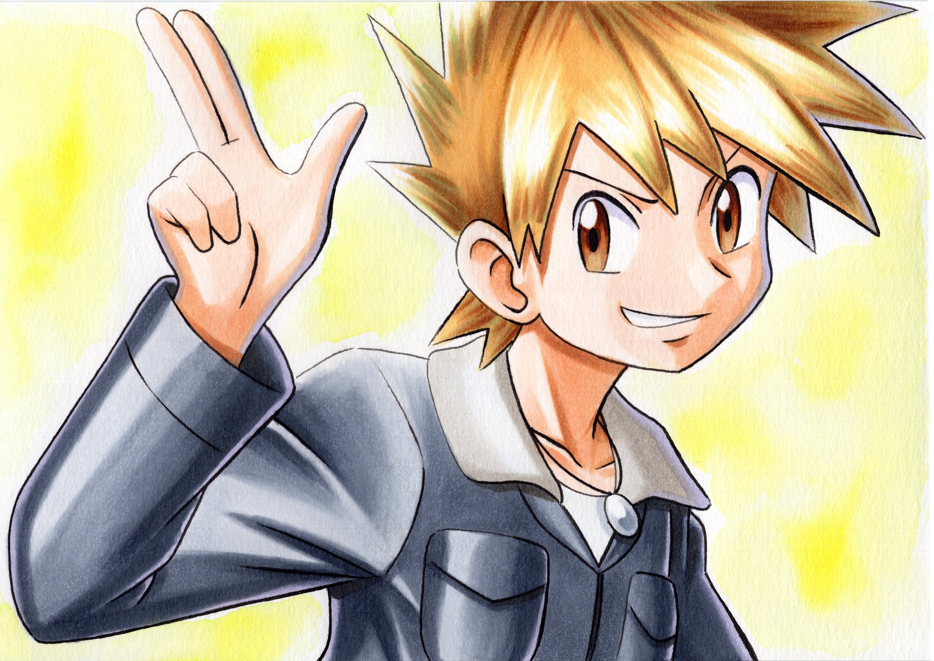 Blue (Pokémon) smiling with a peace sign HD Wallpaper