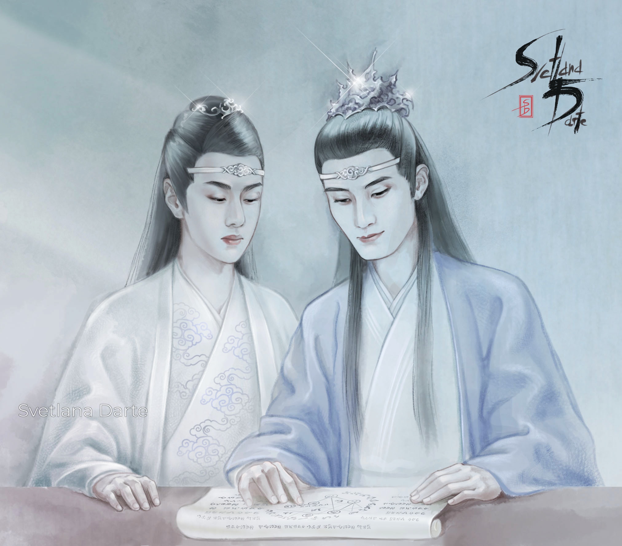 The Untamed: Lan Wangji and Lan Xichen studying HD Wallpaper