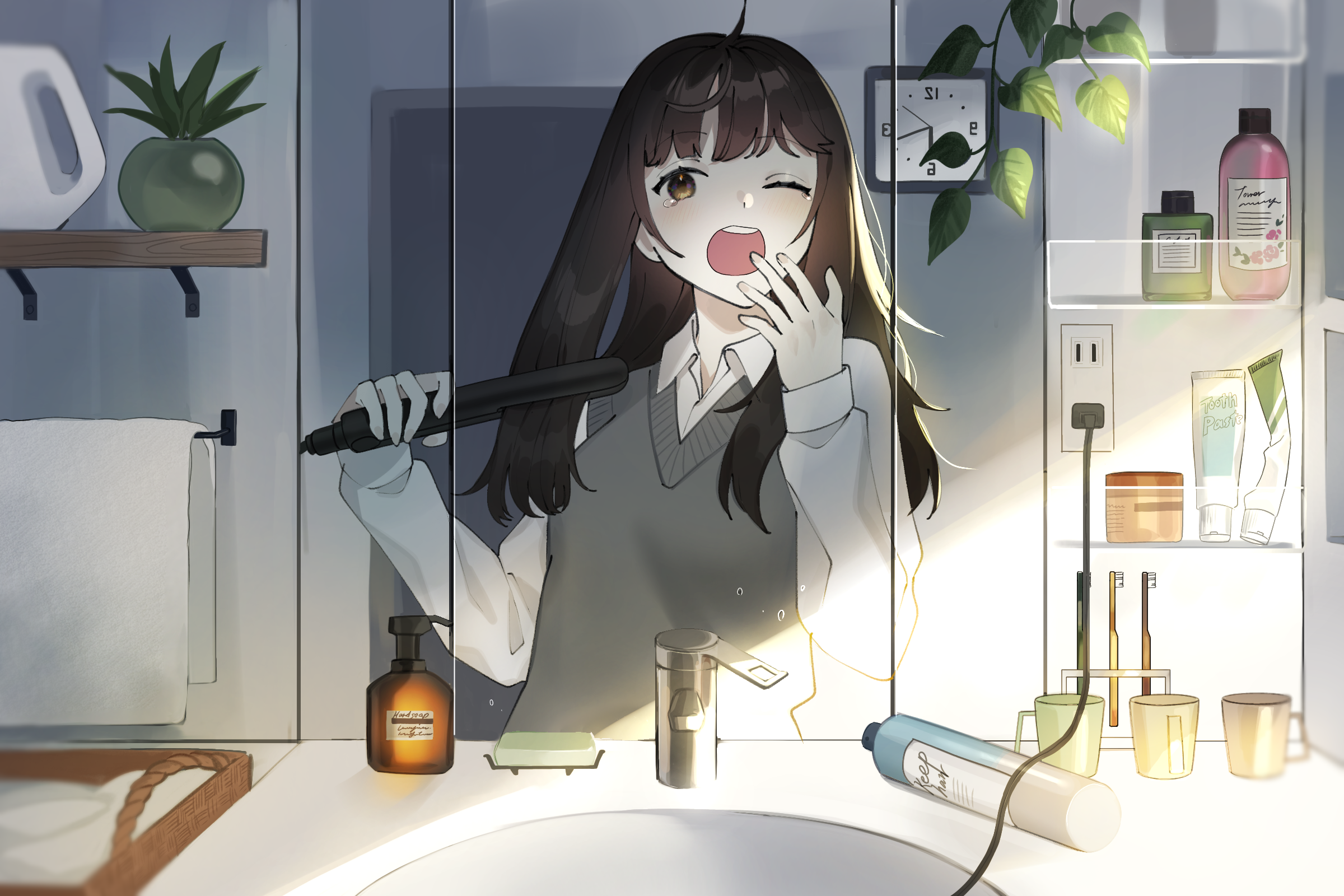 Yawning girl in mirror holding hair straightener HD Wallpaper