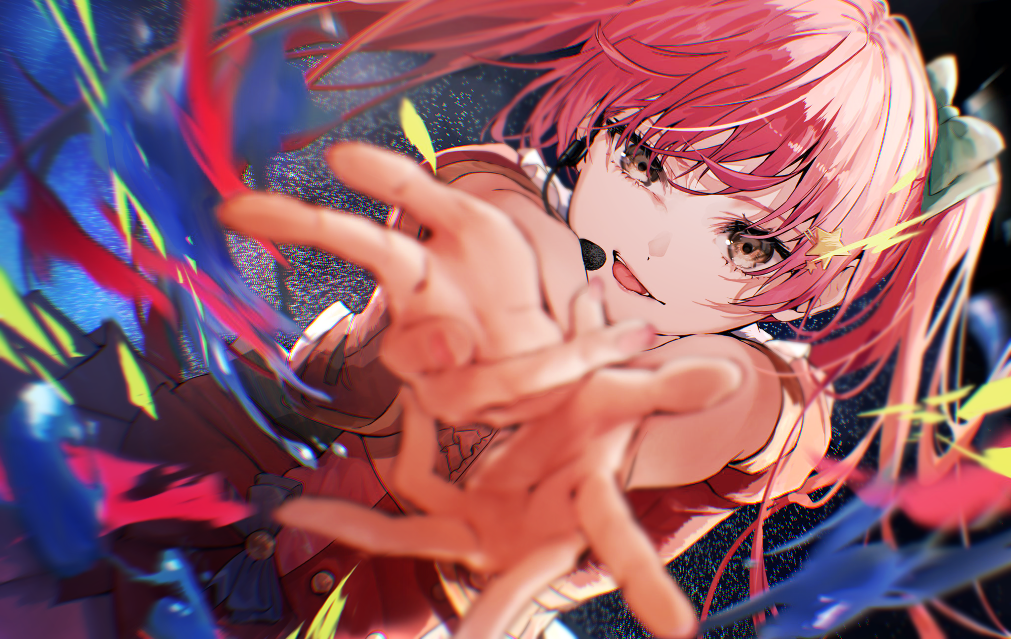 Pink-haired girl reaching out with vibrant colorful streaks HD Wallpaper