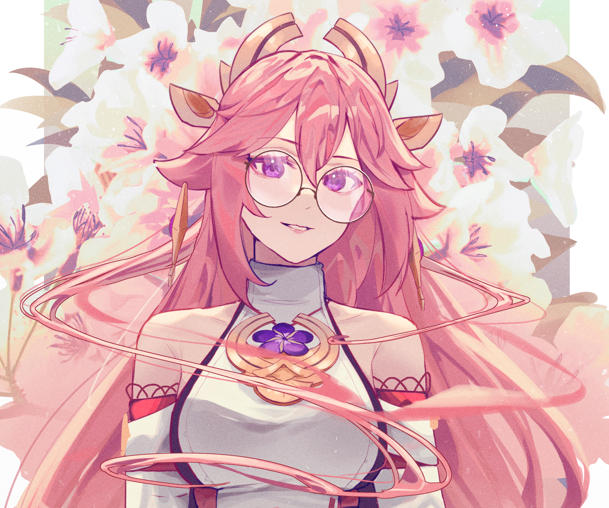 Yae Miko Guuji with Glasses and Flowers HD Wallpaper