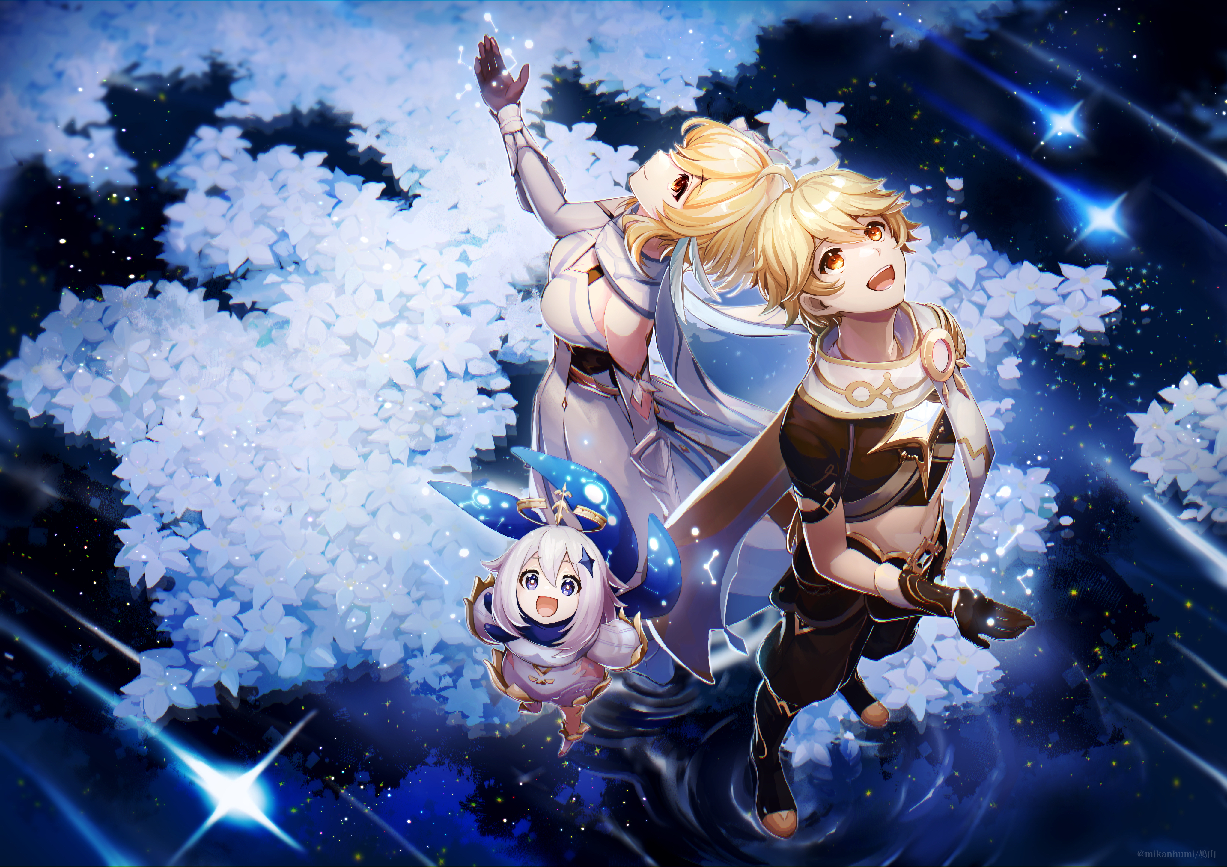 Genshin Impact: Aether, Lumine, Paimon under starry flowers HD Wallpaper