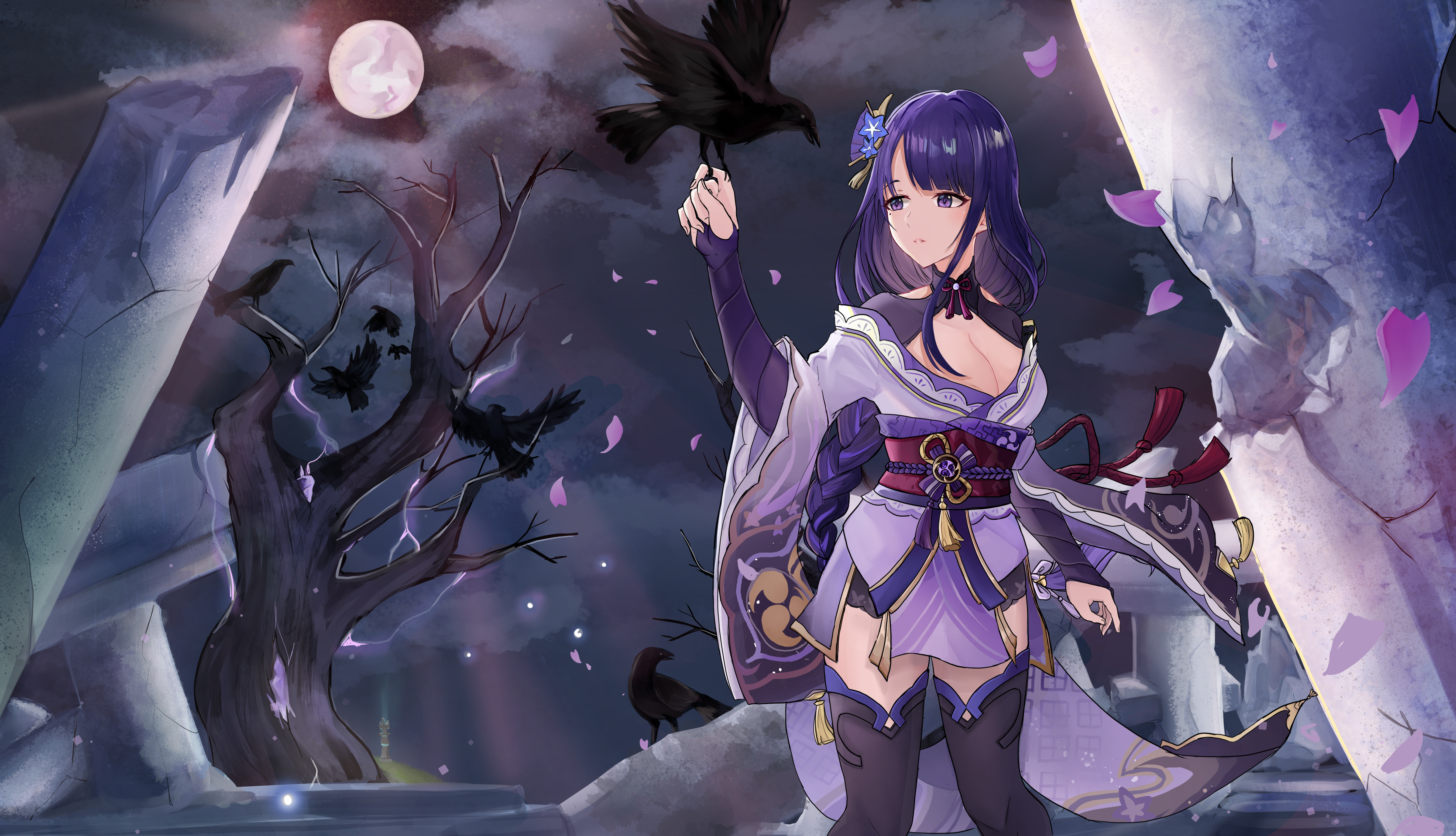 Raiden Shogun: Moonlit Night with Crows and Lightning HD Wallpaper