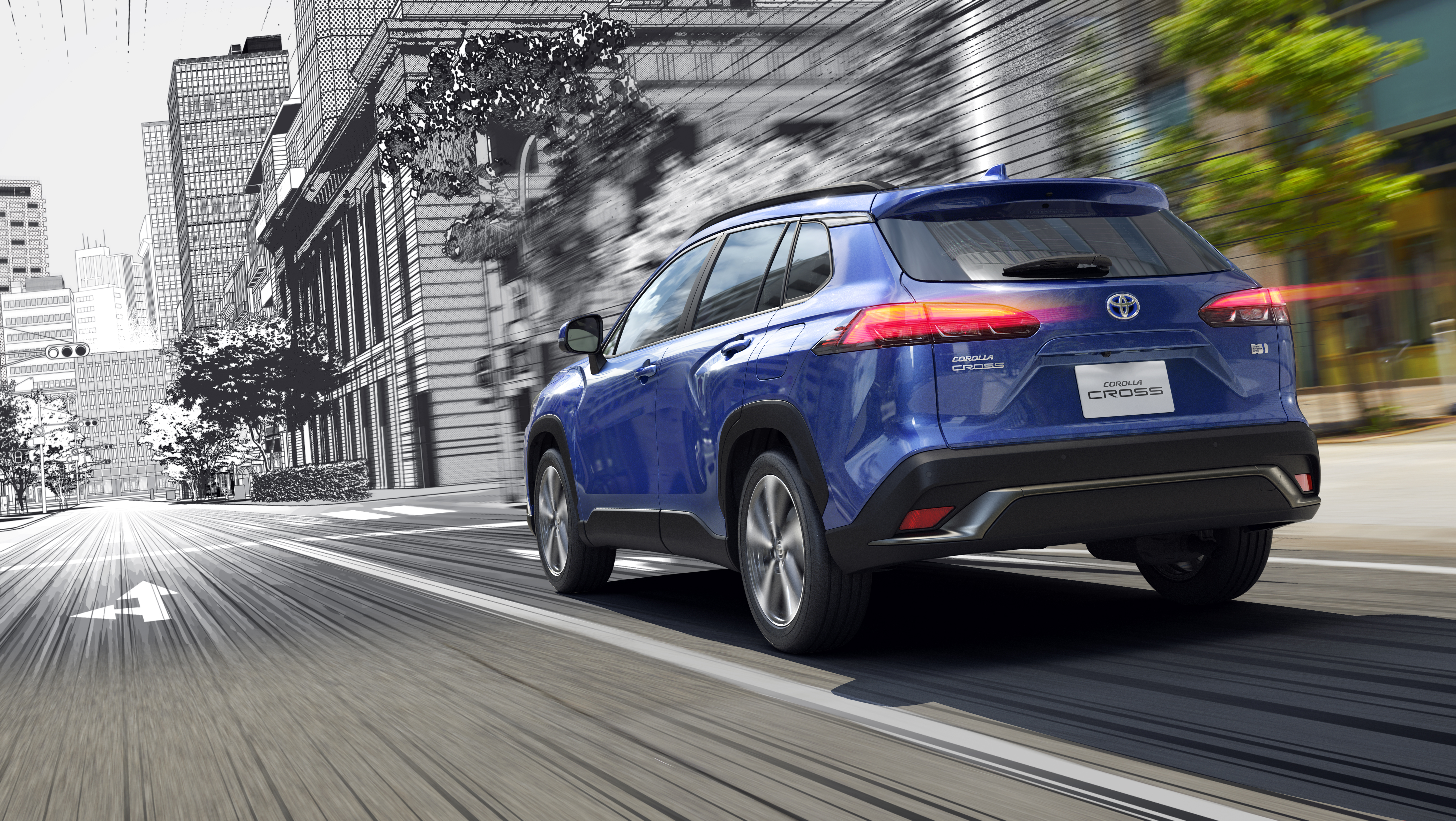 Blue Toyota Corolla Cross SUV driving in stylized city HD Wallpaper