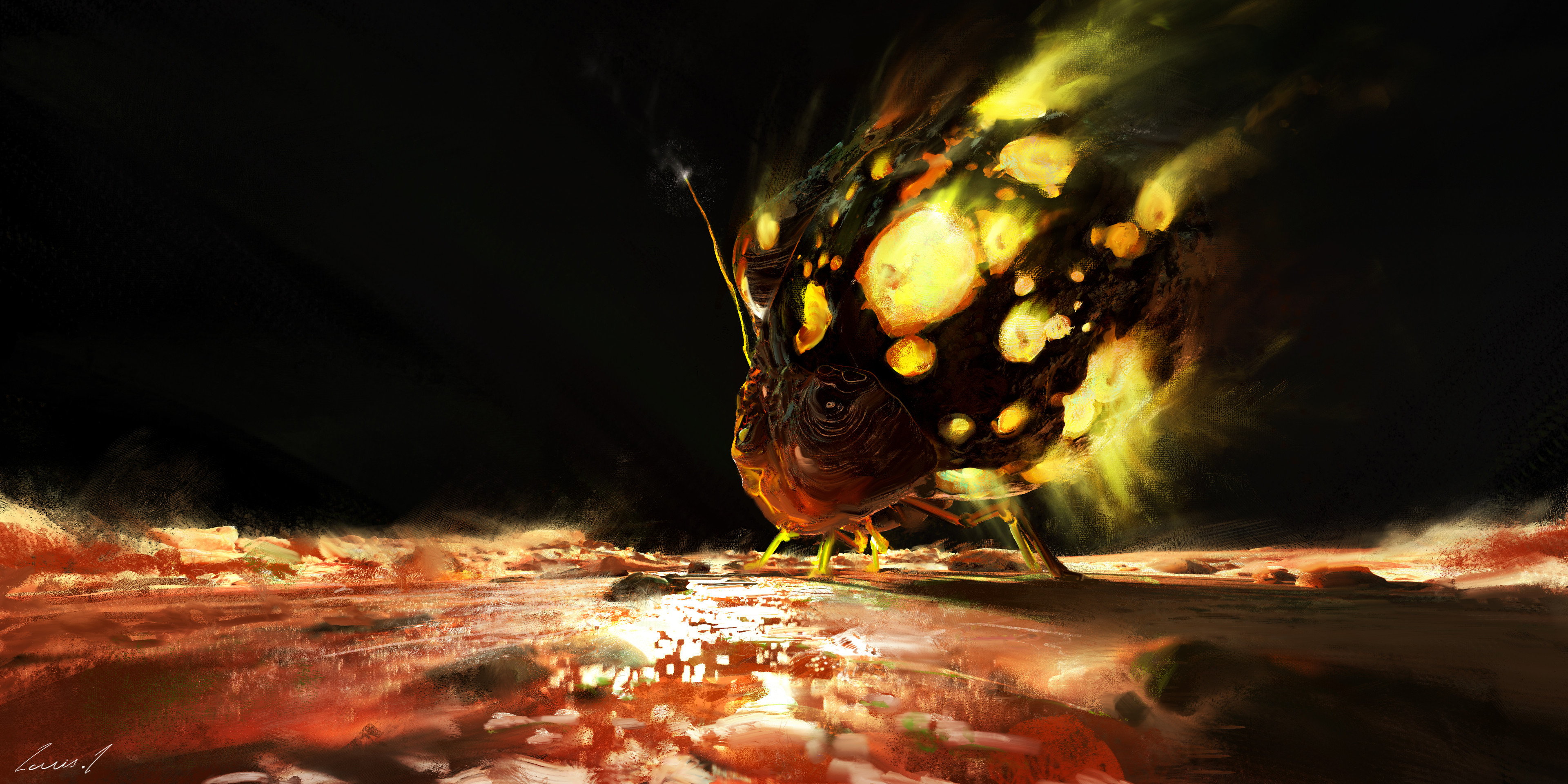Glowing Egg Carrier on a molten world HD Wallpaper