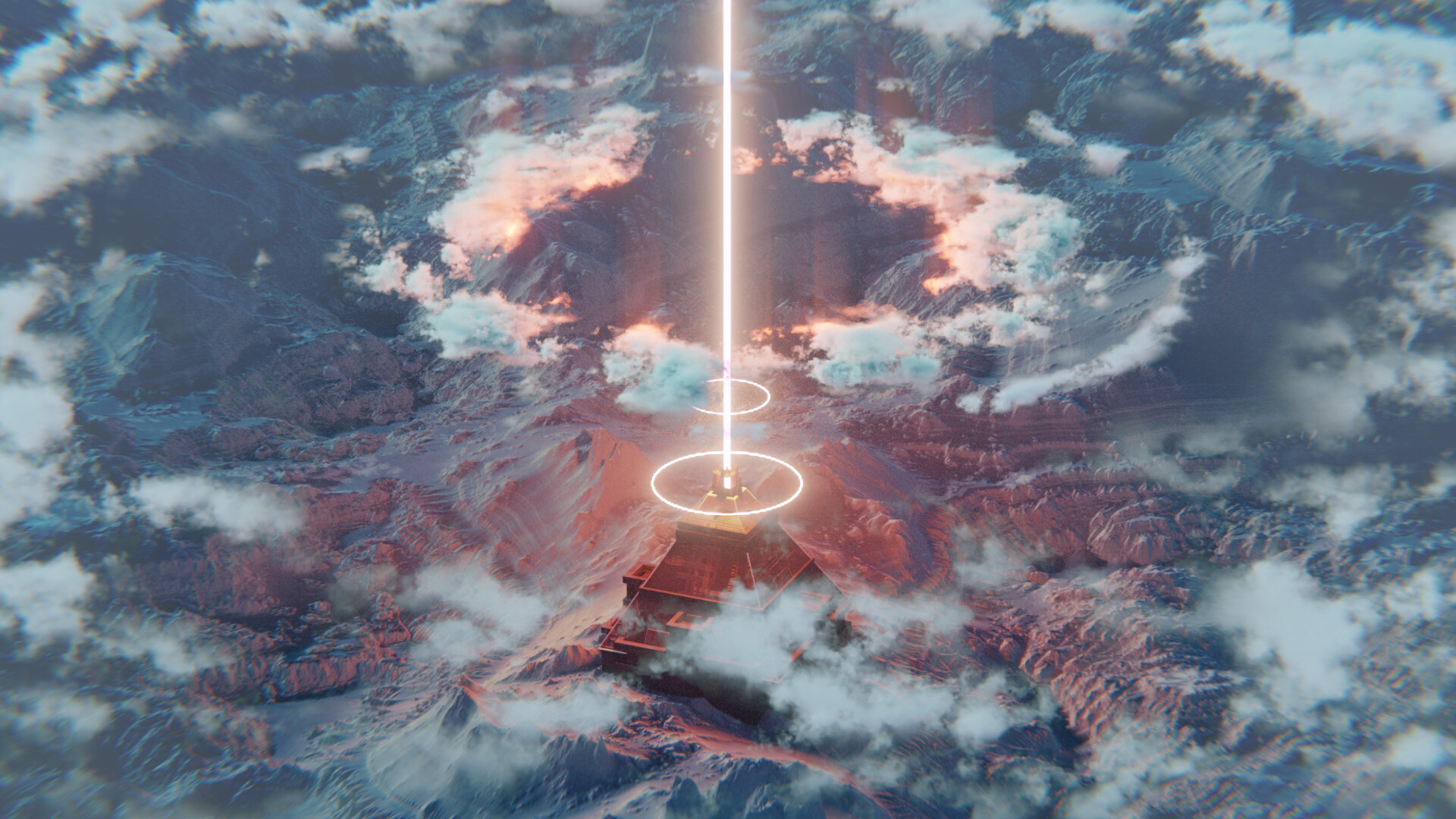 World Beacon: Light Beam over Mountainous Landscape HD Wallpaper