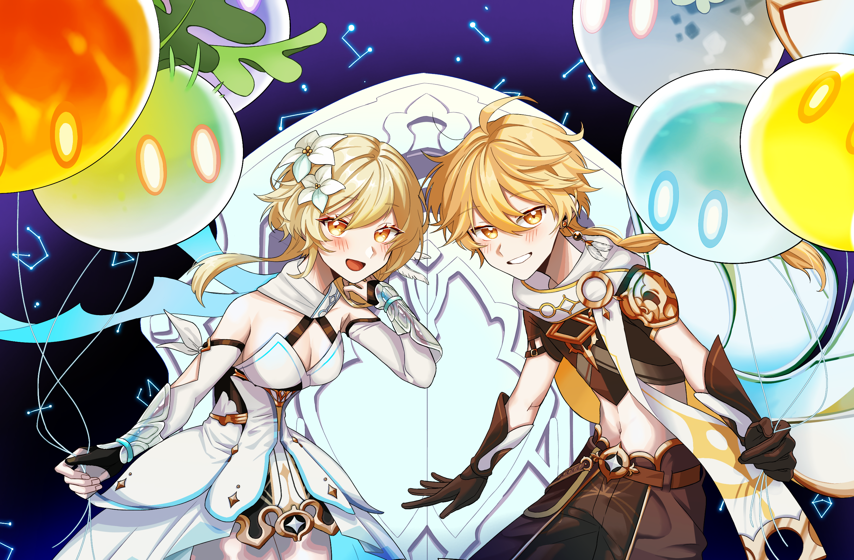 Genshin Impact: Lumine and Aether with Slime Balloons HD Wallpaper