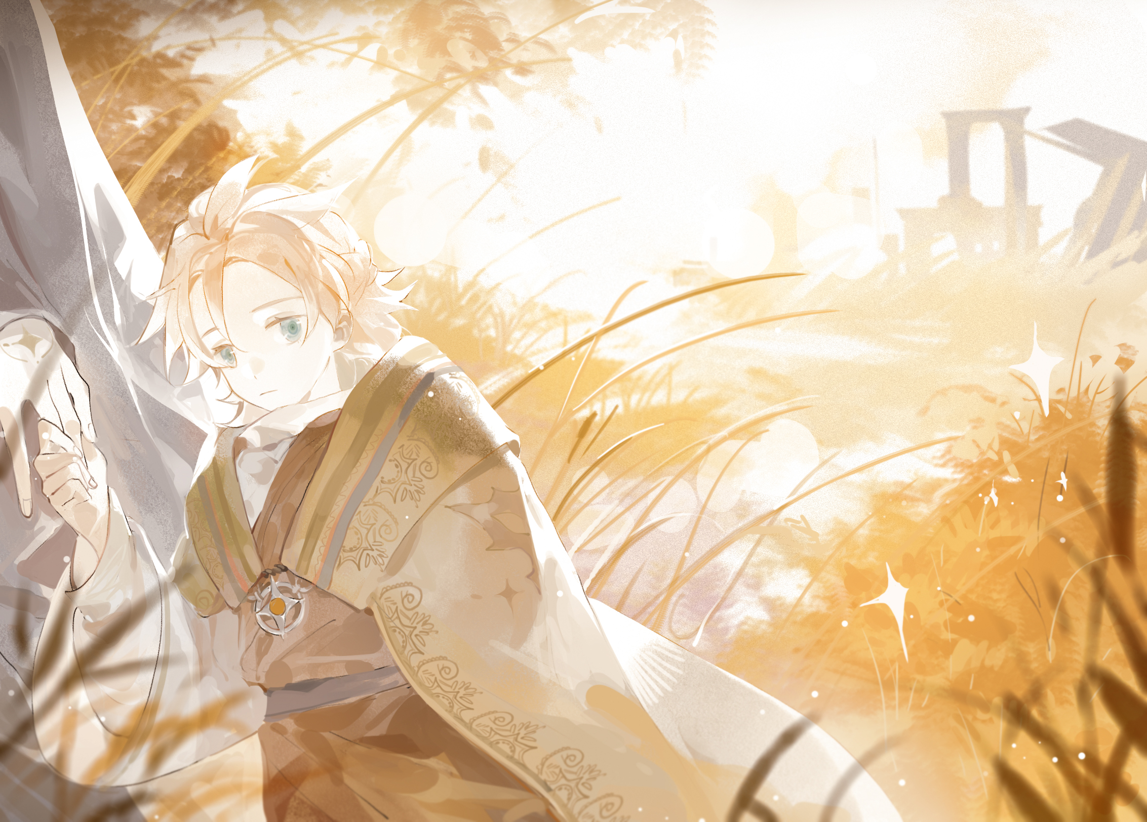 Albedo in a relaxing golden field, Genshin Impact HD Wallpaper