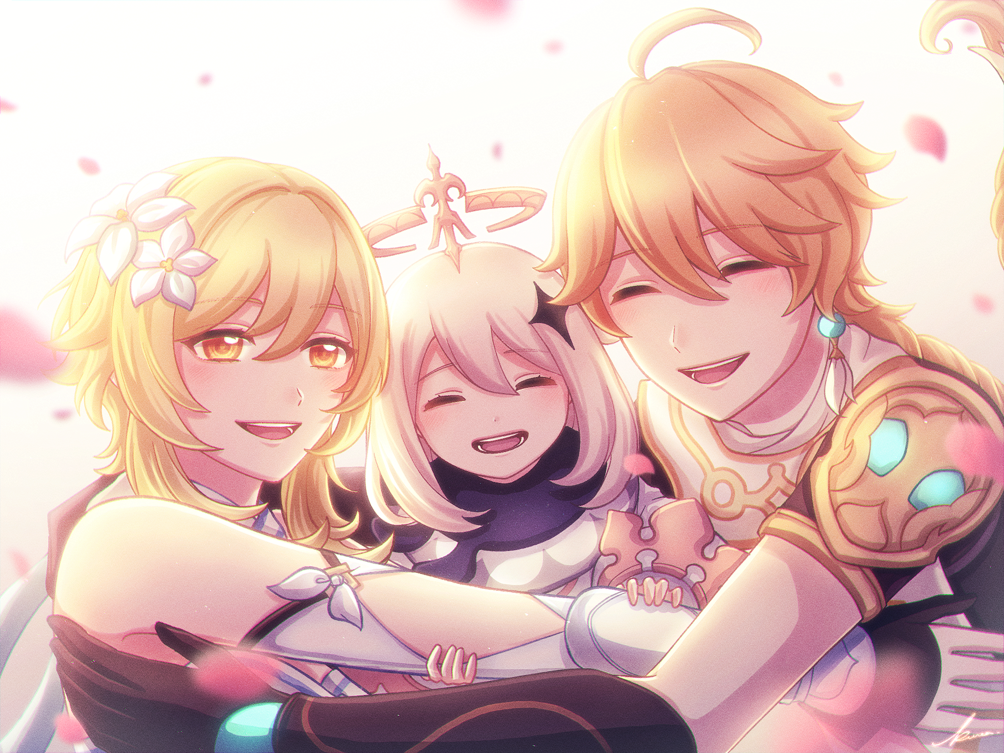 Genshin Impact Aether, Lumine, Paimon warm embrace HD Wallpaper