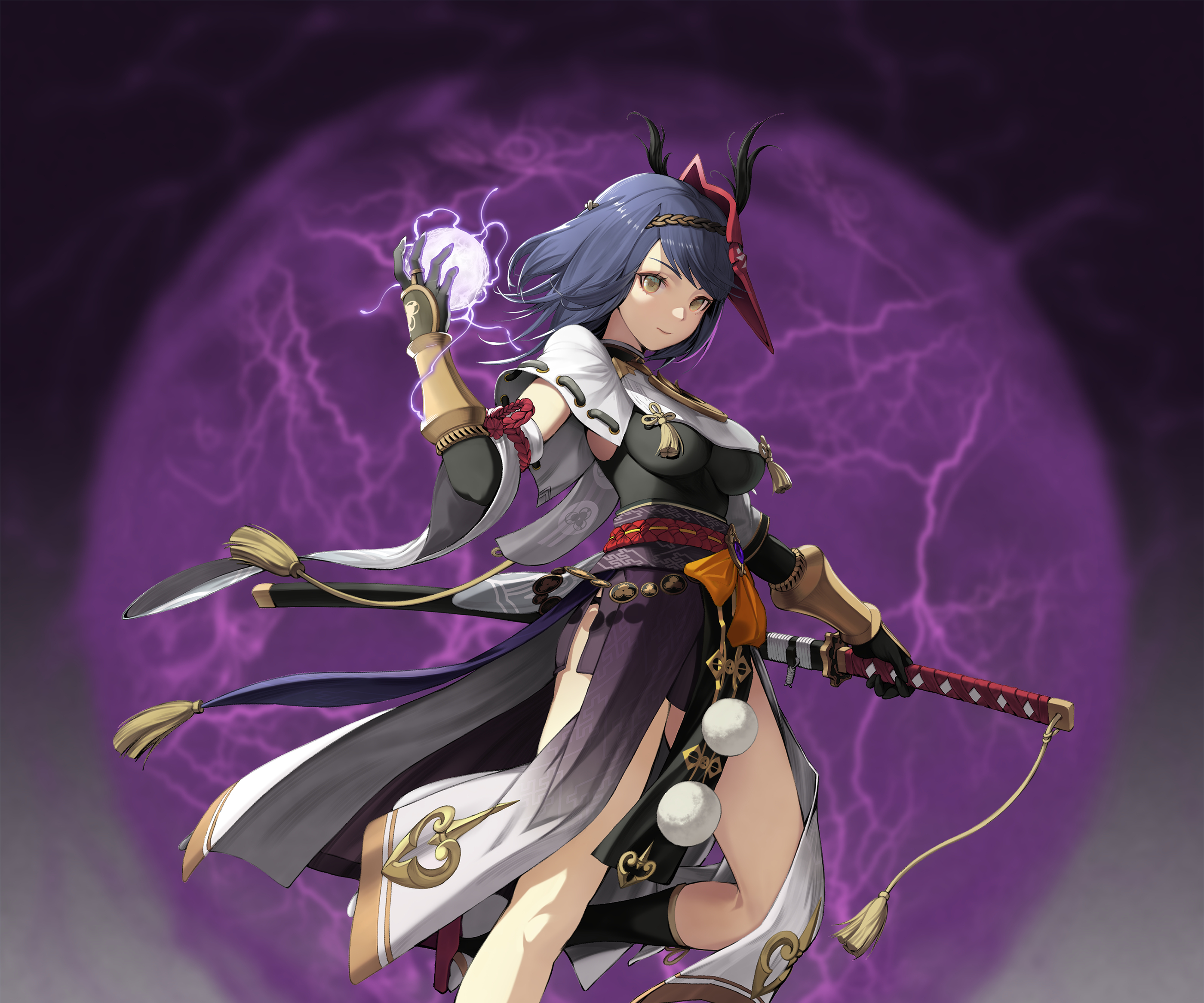 Kujou Sara wielding lightning orb HD Wallpaper
