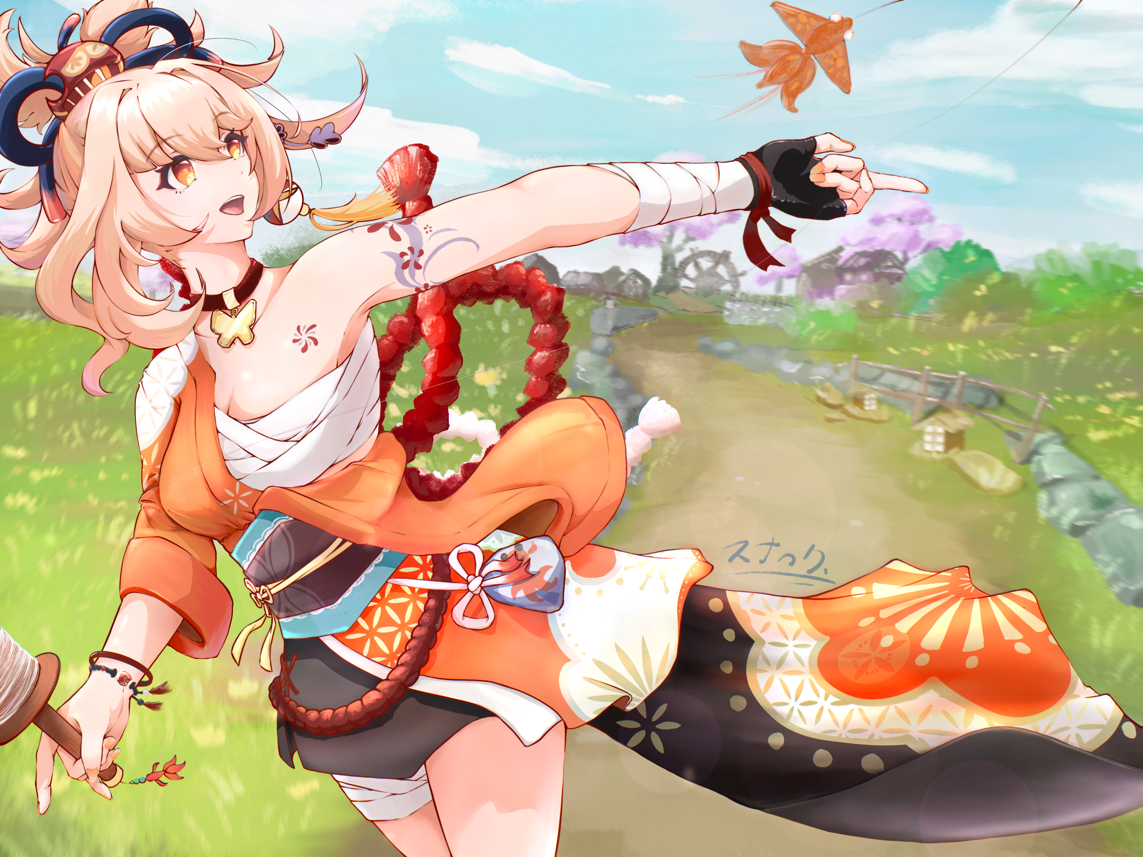 Yoimiya (Genshin Impact) flying a goldfish kite HD Wallpaper