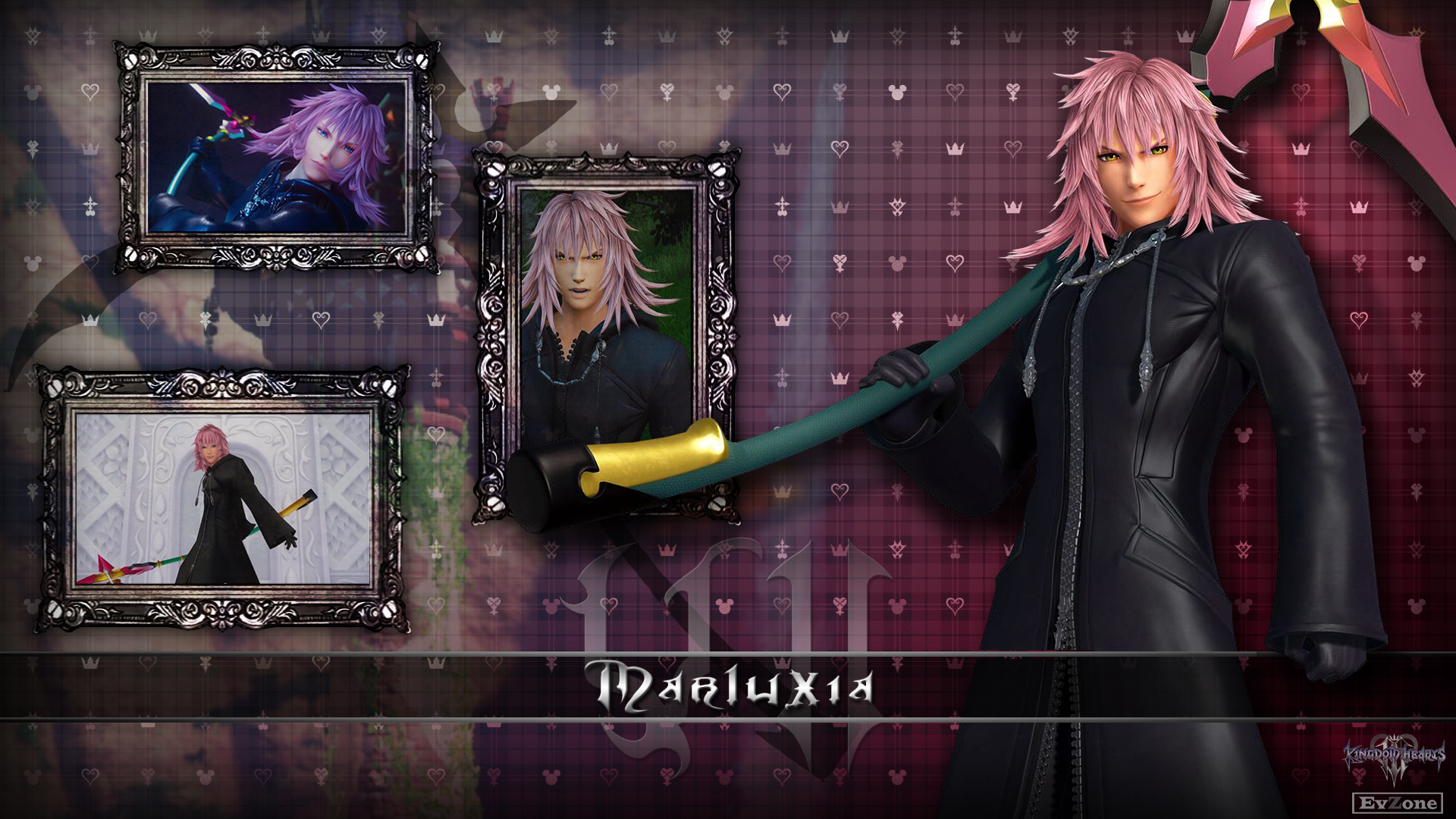 Marluxia Kingdom Hearts with Scythe and Framed Portraits HD Wallpaper