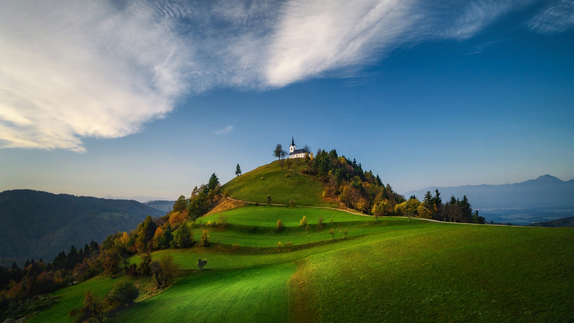 Scenic Sv. Jakob hill with church near Ljubljana, Slovenia HD Wallpaper