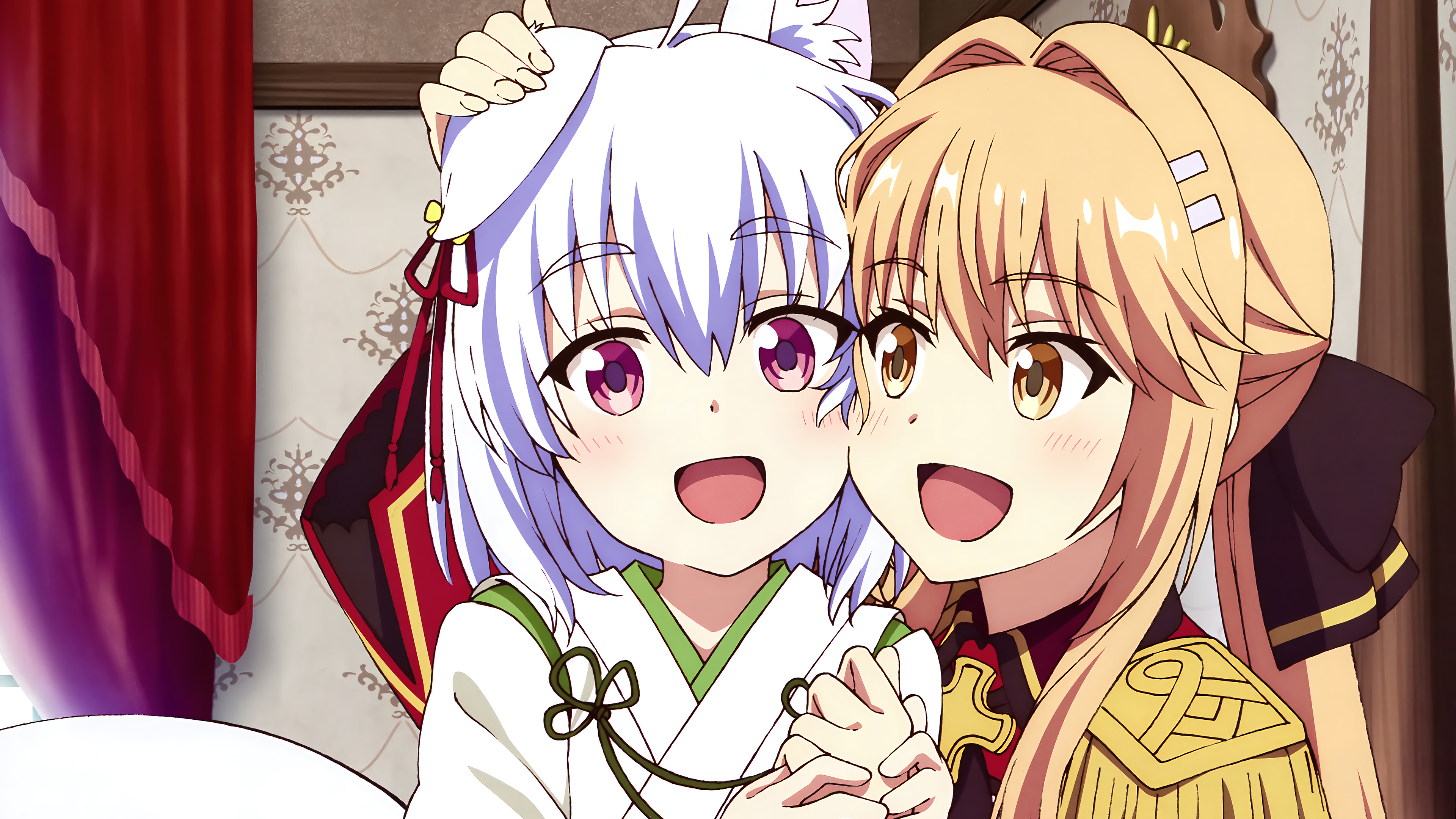 Tomoe Inui and Liscia Elfrieden smiling and holding hands HD Wallpaper